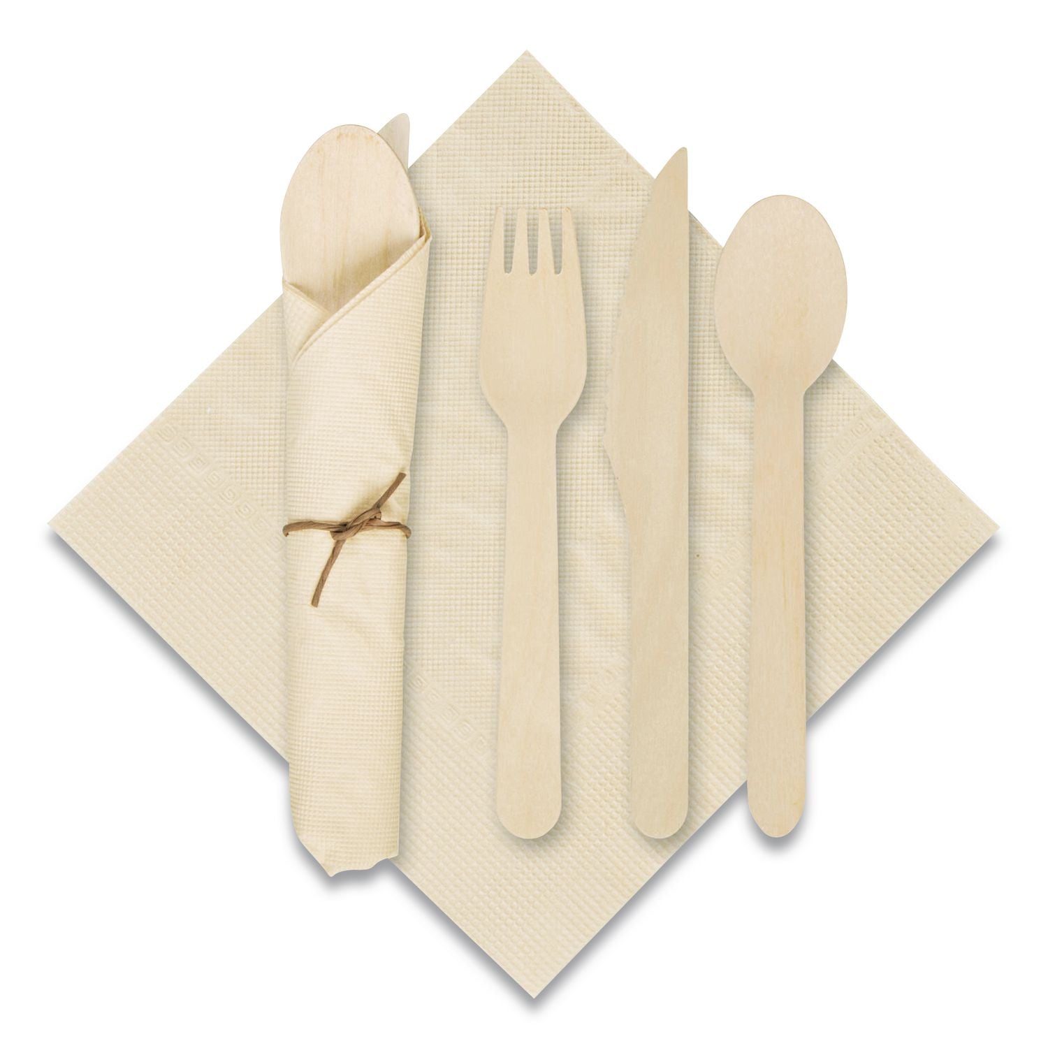 Pre-Rolled Caterwrap Kraft Napkins with Wood Cutlery, 6 x 12 Napkin;Fork;Knife;Spoon, 7" to 9", Kraft, 100/Carton