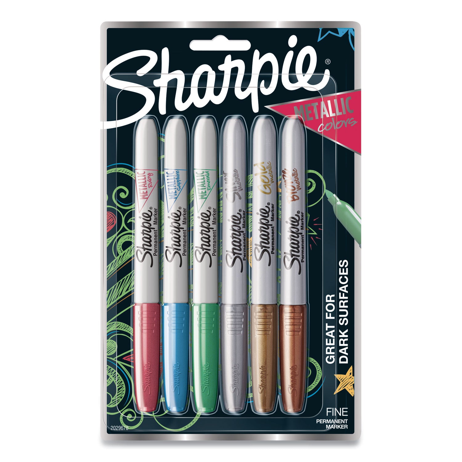 Metallic Fine Point Permanent Markers, Fine Bullet Tip, Blue-Green-Red, 6/Pack