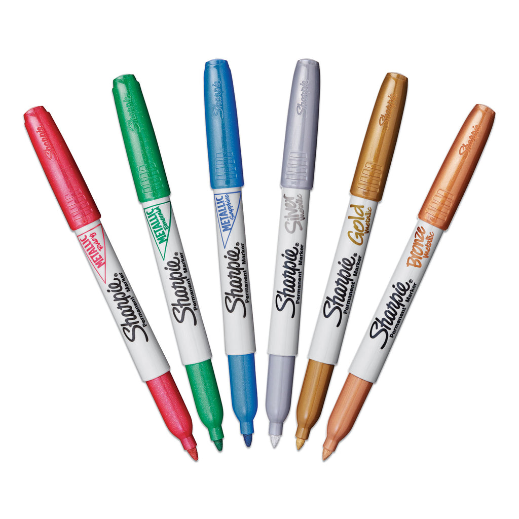 Metallic Fine Point Permanent Markers, Fine Bullet Tip, Blue-Green-Red, 6/Pack