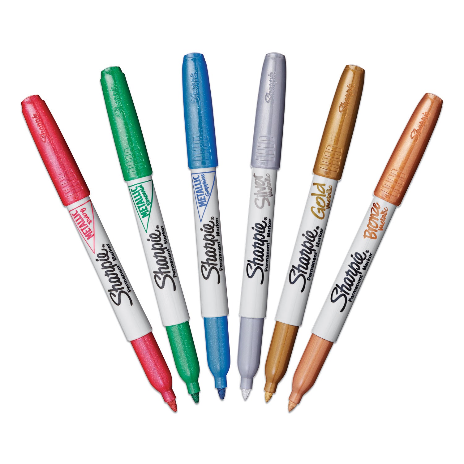 Metallic Fine Point Permanent Markers, Fine Bullet Tip, Blue-Green-Red, 6/Pack