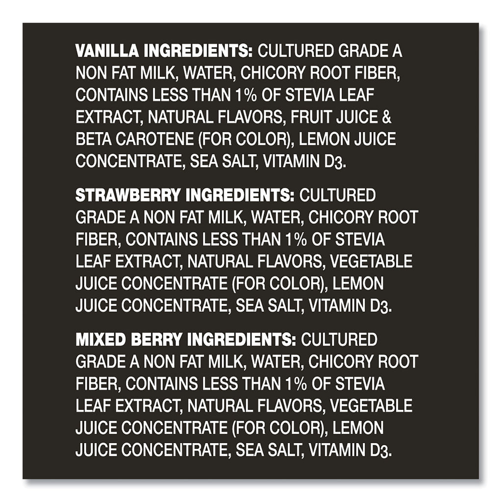 Triple Zero Blended Greek Nonfat Yogurt, 5.3 oz, Strawberry/Mixed Berry/Vanilla, 18/Carton, Ships in 1-3 Business Days