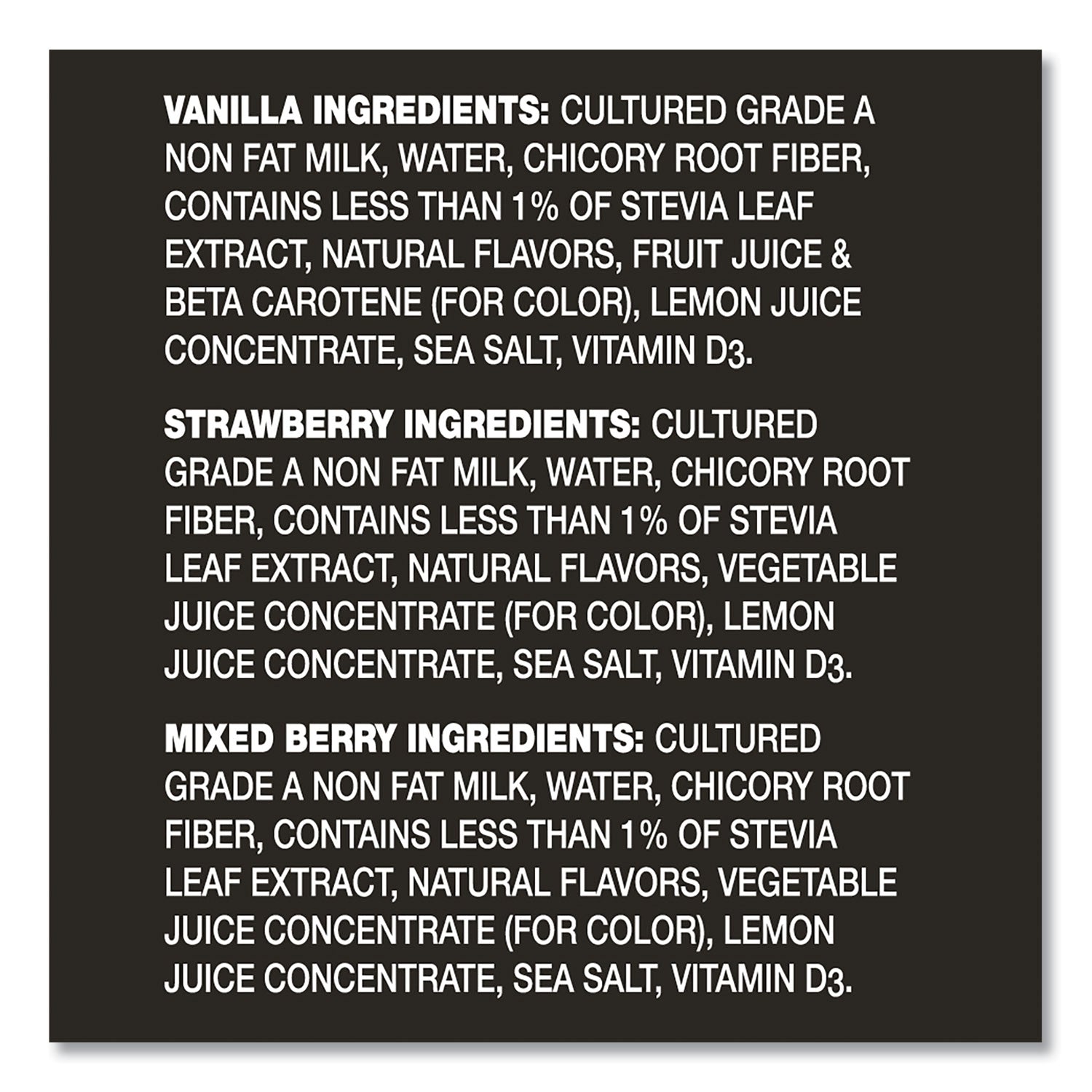 Triple Zero Blended Greek Nonfat Yogurt, 5.3 oz, Strawberry/Mixed Berry/Vanilla, 18/Carton, Ships in 1-3 Business Days