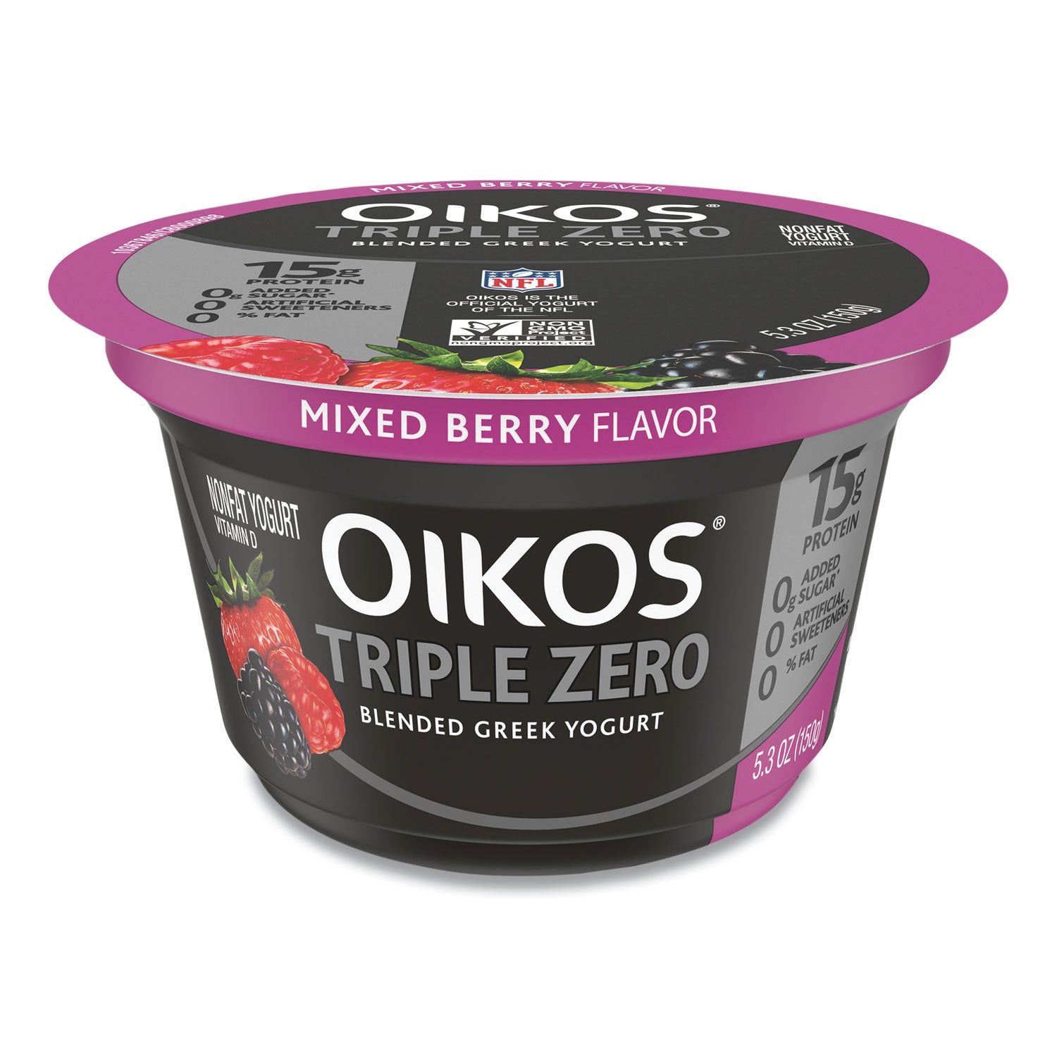 Triple Zero Blended Greek Nonfat Yogurt, 5.3 oz, Strawberry/Mixed Berry/Vanilla, 18/Carton, Ships in 1-3 Business Days