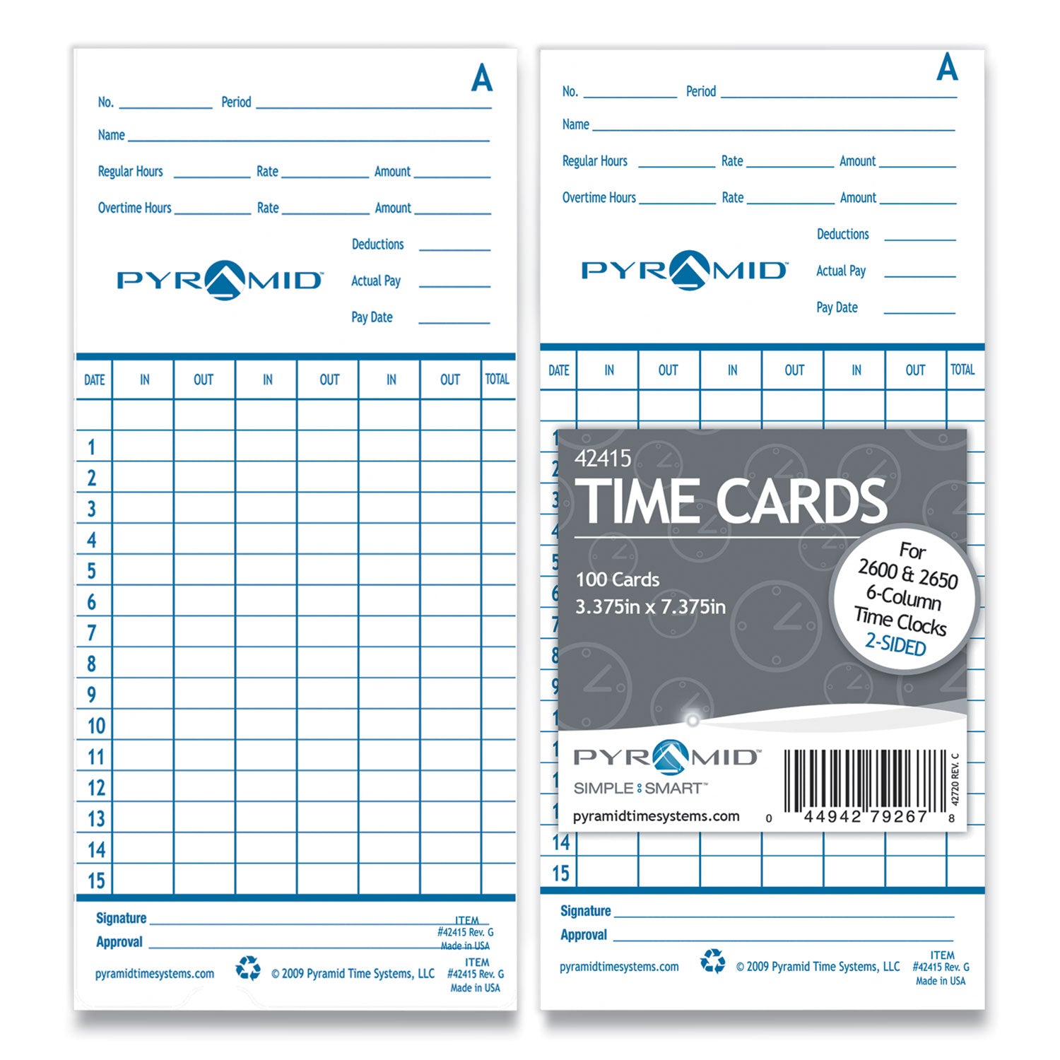 Time Clock Cards for Pyramid Technologies 2000/6000, Two Sides, 3.38 x 7.44, 100/Pack - 