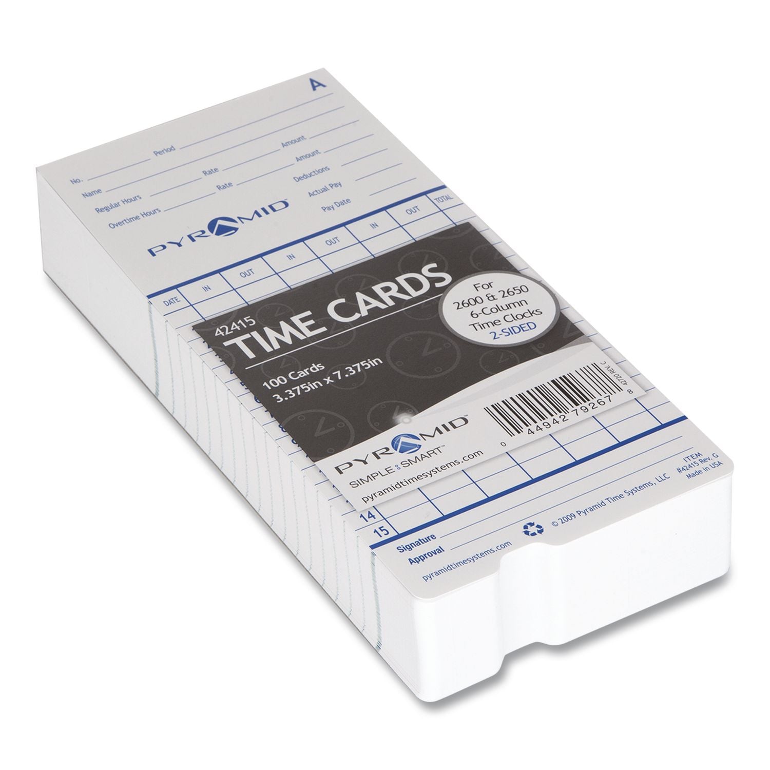 Time Clock Cards for Pyramid Technologies 2000/6000, Two Sides, 3.38 x 7.44, 100/Pack