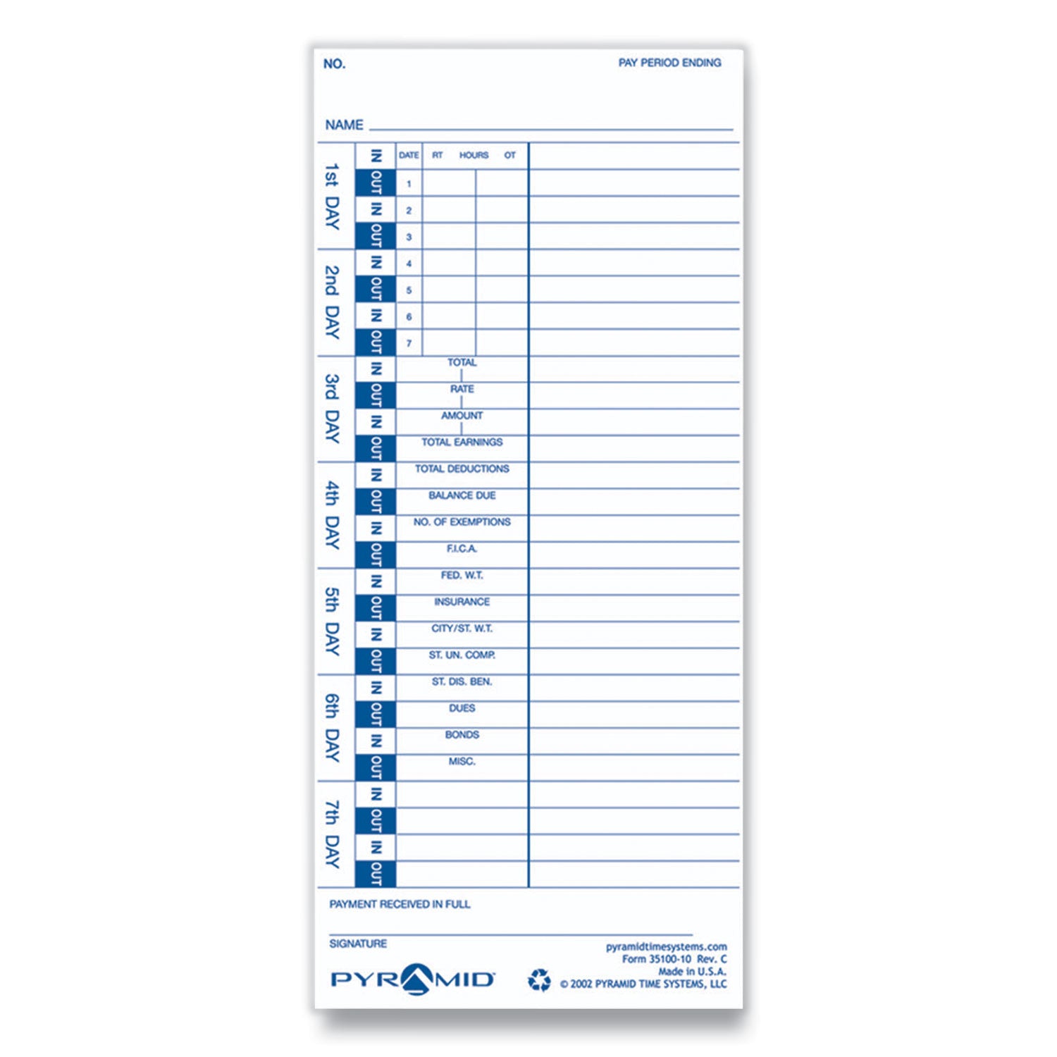 time-clock-cards-for-pyramid-technologies-3000-one-side-4-x-9-100-pack_pti3510010 - 3