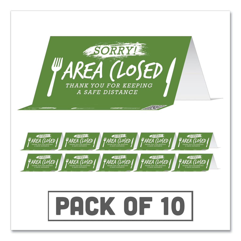besafe-messaging-table-top-tent-card-8-x-387-sorry!-area-closed-thank-you-for-keeping-a-safe-distance-green-10-pack_tab79062 - 1