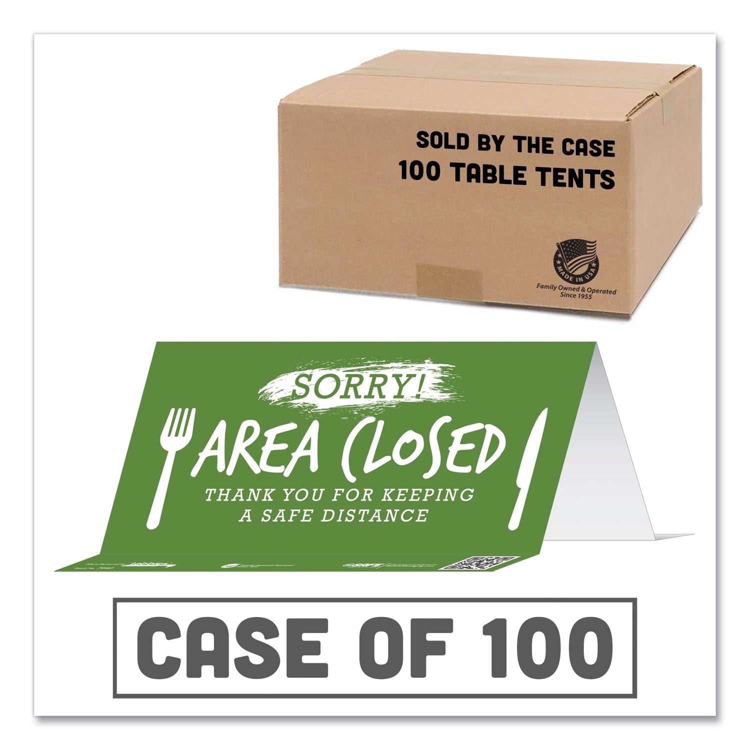 besafe-messaging-table-top-tent-card-8-x-387-sorry!-area-closed-thank-you-for-keeping-a-safe-distance-green-100-carton_tab79162 - 1