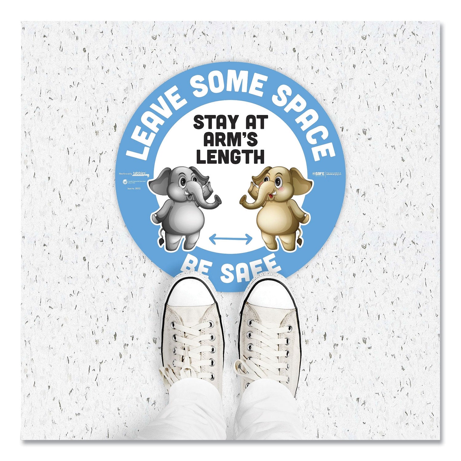 besafe-messaging-education-floor-signs-leave-some-space;-stay-at-arms-length;-be-safe-12-dia-white-blue-6-pack_tab29512 - 3