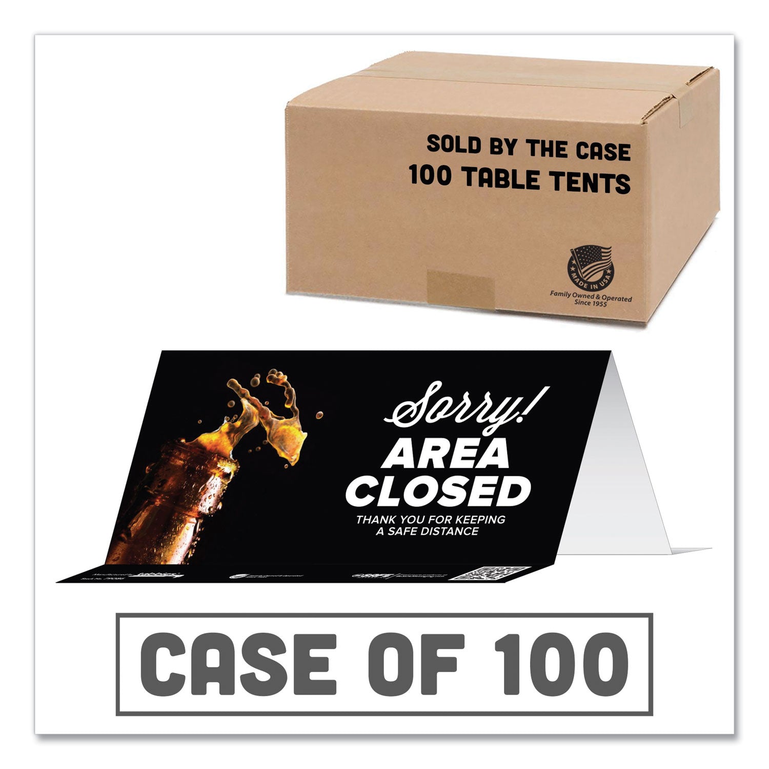 besafe-messaging-table-top-tent-card-8-x-387-sorry!-area-closed-thank-you-for-keeping-a-safe-distance-black-100-carton_tab79186 - 1