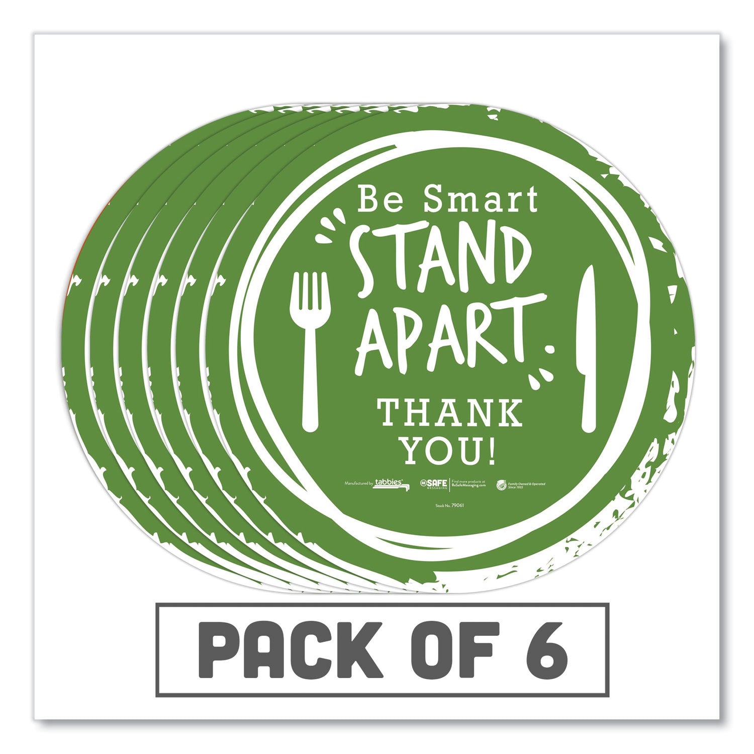 besafe-messaging-floor-decals-be-smart-stand-apart;-knife-fork;-thank-you-12-dia-green-white-6-carton_tab79061 - 1