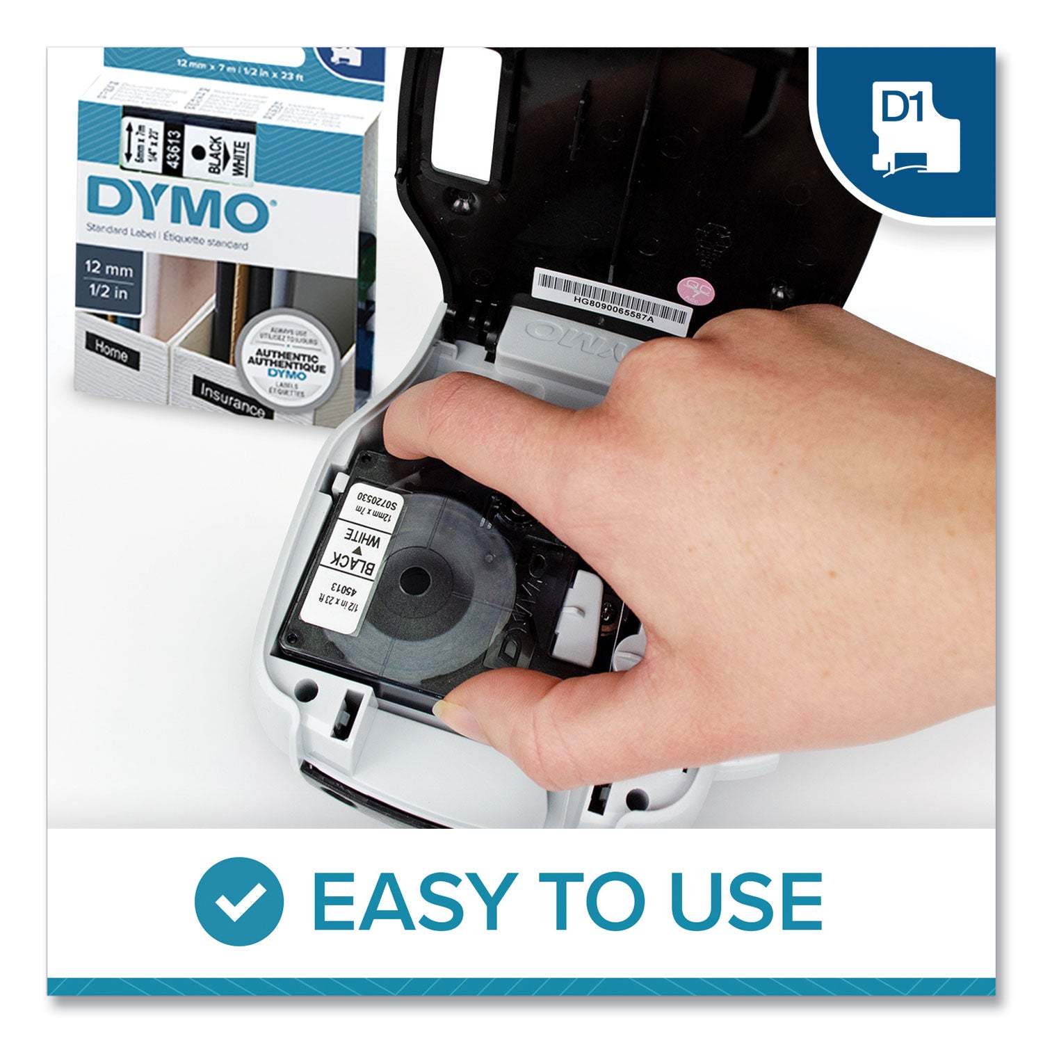 D1 High-Performance Polyester Removable Label Tape, 0.5" x 23 ft, Black on Green