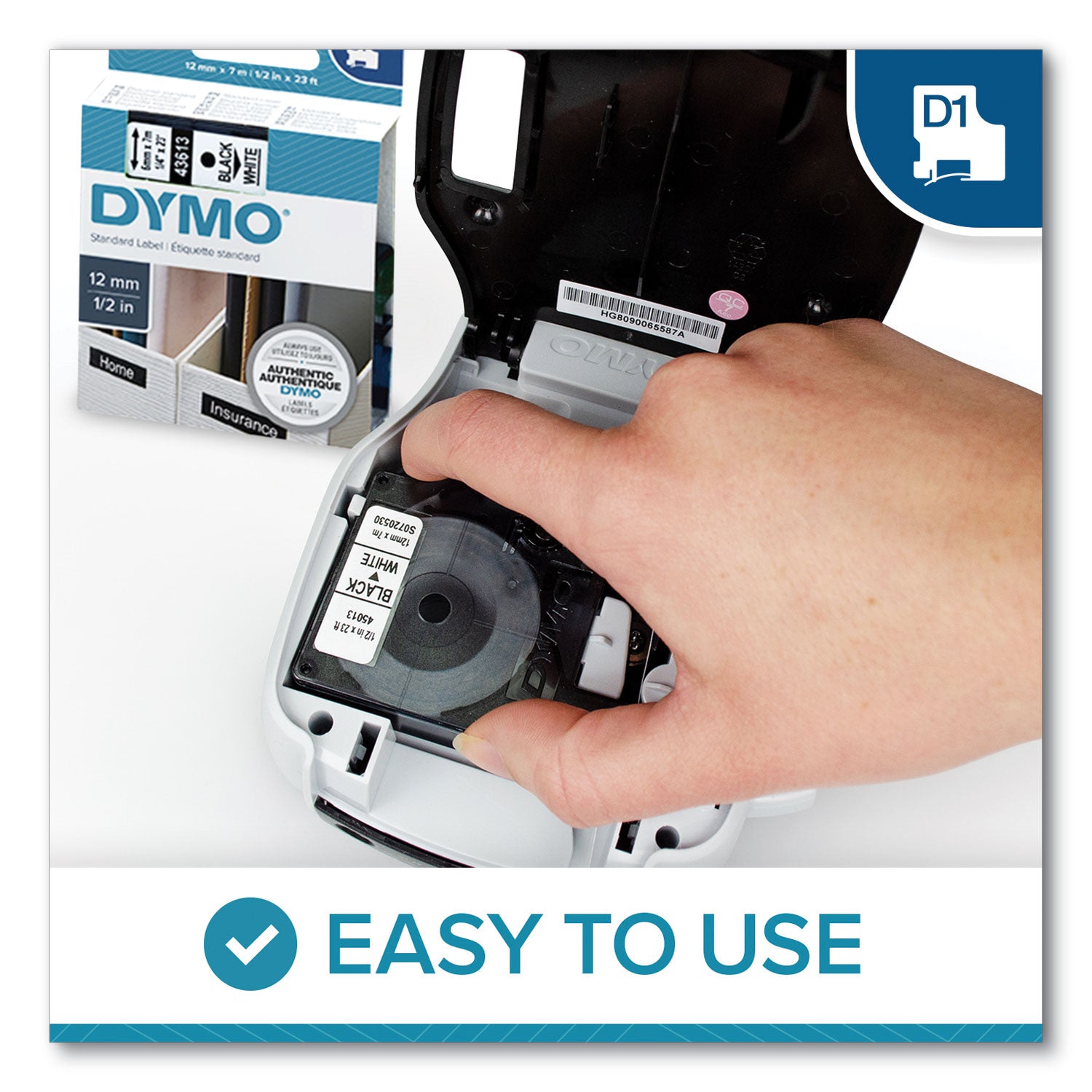 D1 High-Performance Polyester Removable Label Tape, 0.5" x 23 ft, Black on White