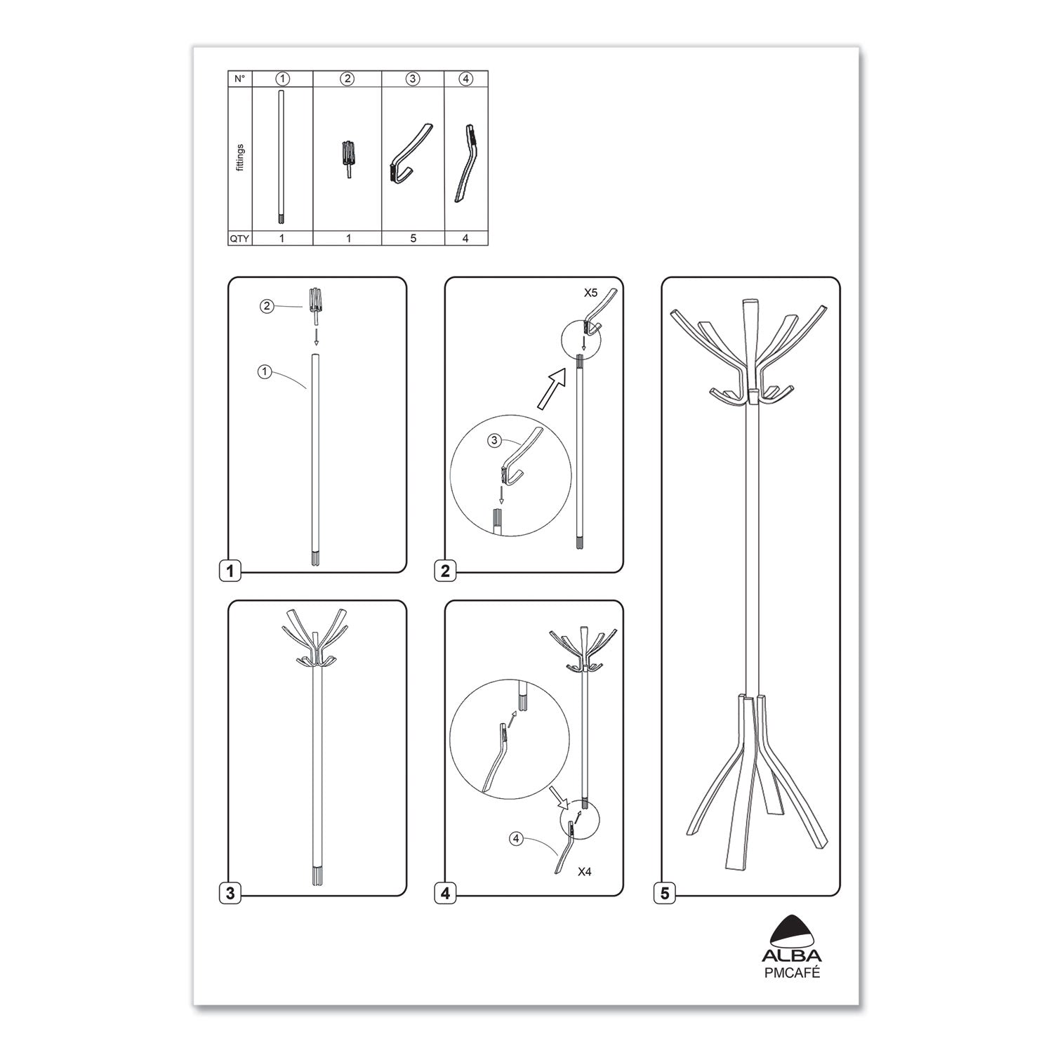 Cafe Wood Coat Stand, Ten Peg/Five Hook, 21.67w x 21.67d x 69.33h, Espresso Brown - 