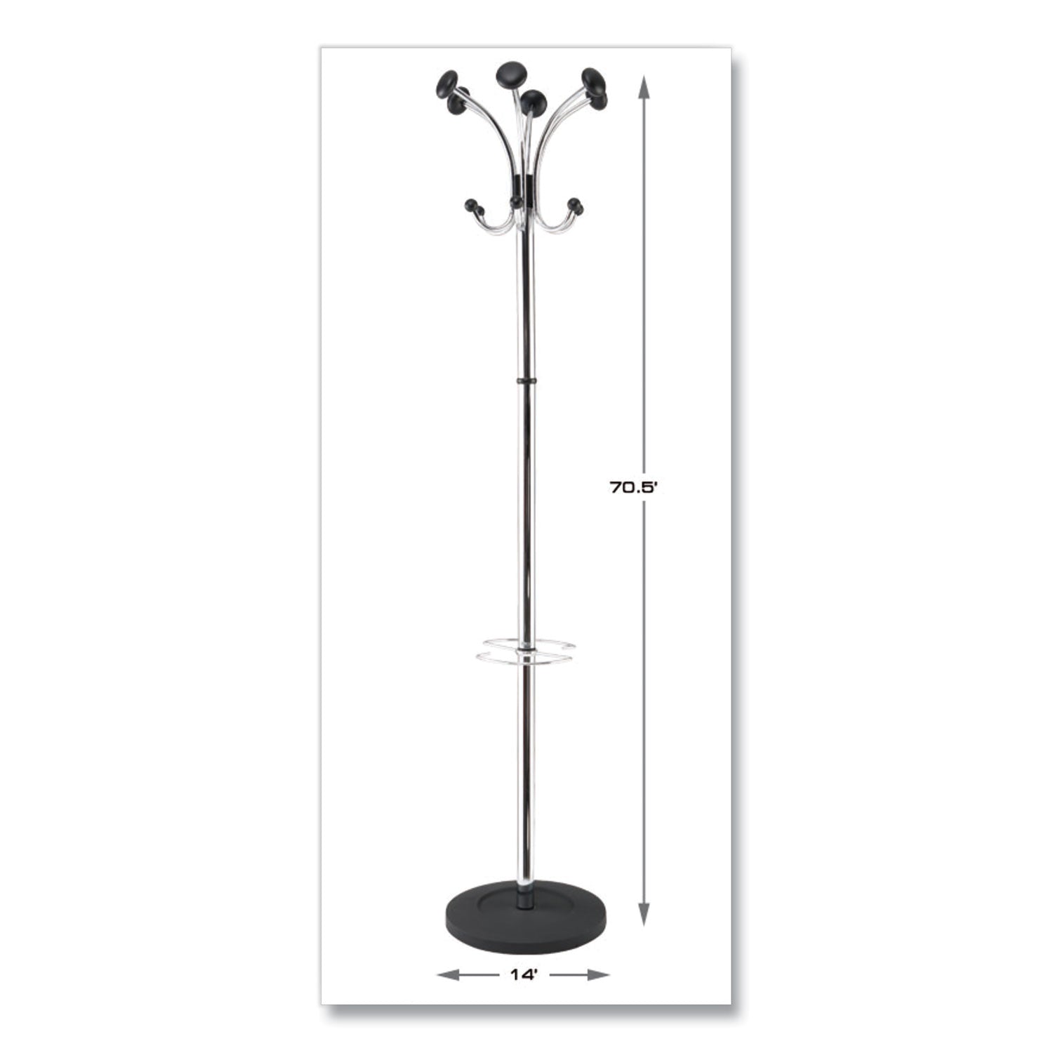 Chromy Coat Stand, 12 Knobs, 16w x 16d x 70.5h, Chrome/Black - 