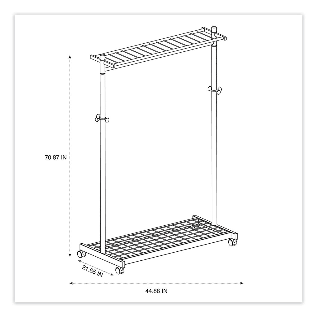 Garment Racks, Two-Sided, 2-Shelf Coat Rack, 6 Hanger/6 Hook, 44.8w x 21.67d x 70.8h, Silver/Wood - 