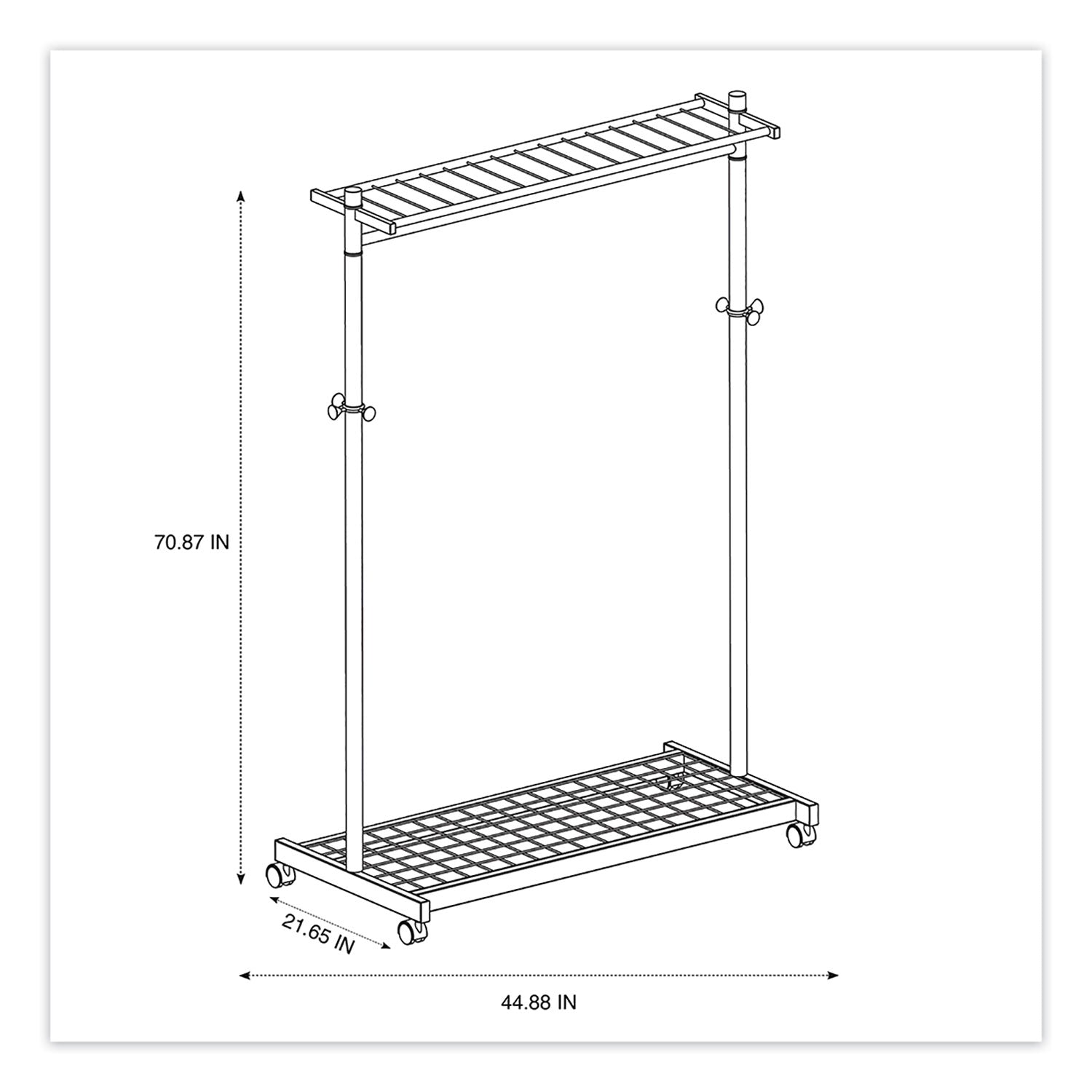 Garment Racks, Two-Sided, 2-Shelf Coat Rack, 6 Hanger/6 Hook, 44.8w x 21.67d x 70.8h, Silver/Wood - 