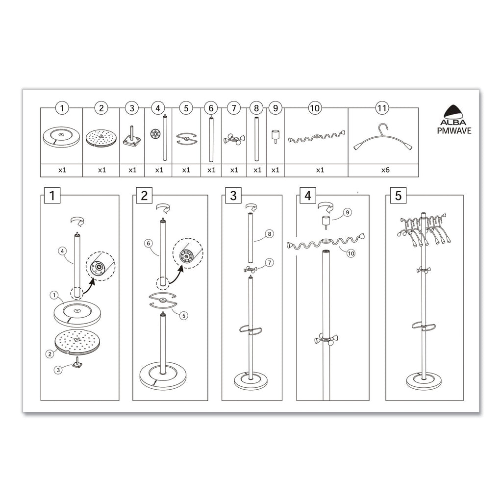 Wavy Coat Tree, Six Hangers/Two Knobs/Four Hooks, 18.88w x 14d x 68.5h, Silver/Wood - 
