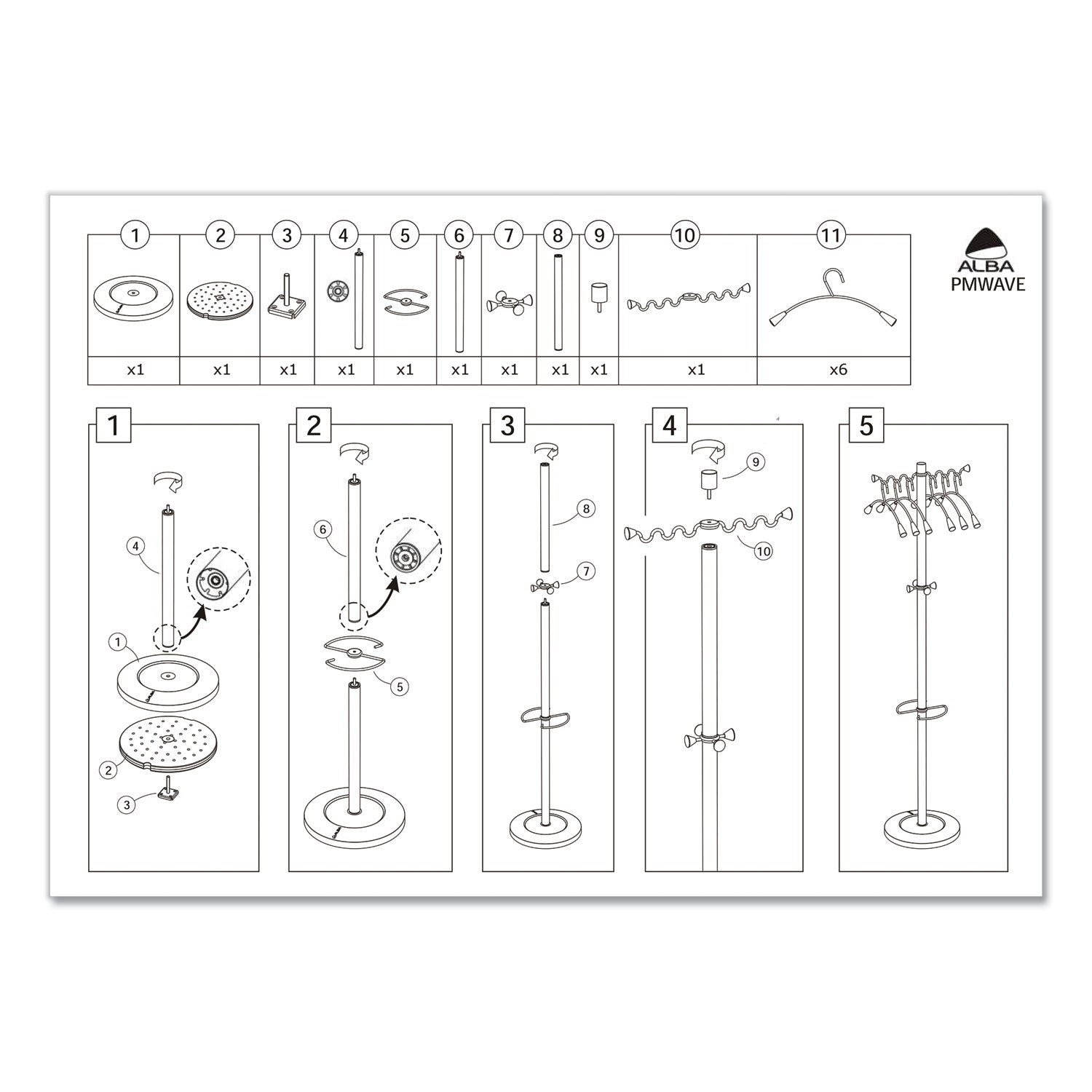 Wavy Coat Tree, Six Hangers/Two Knobs/Four Hooks, 18.88w x 14d x 68.5h, Silver/Wood - 