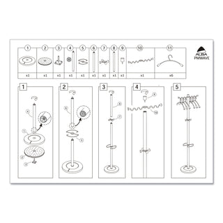 Wavy Coat Tree, Six Hangers/Two Knobs/Four Hooks, 18.88w x 14d x 68.5h, Silver/Wood - 