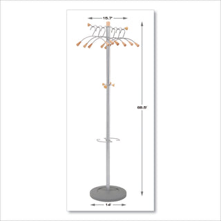 Wavy Coat Tree, Six Hangers/Two Knobs/Four Hooks, 18.88w x 14d x 68.5h, Silver/Wood - 