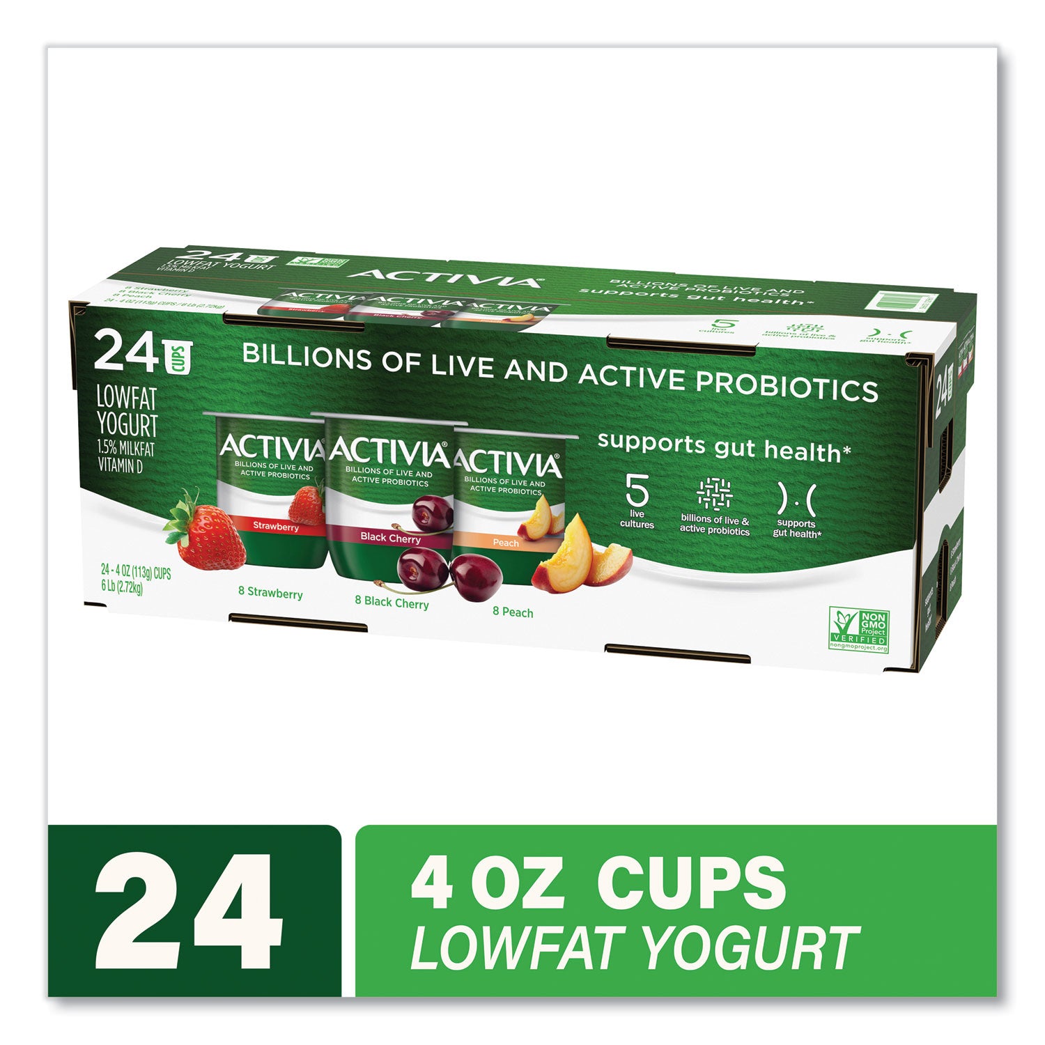 Probiotic Lowfat Yogurt, 4 oz Cups, Black Cherry/Peach/Strawberry, 24/Pack, Ships in 1-3 Business Days