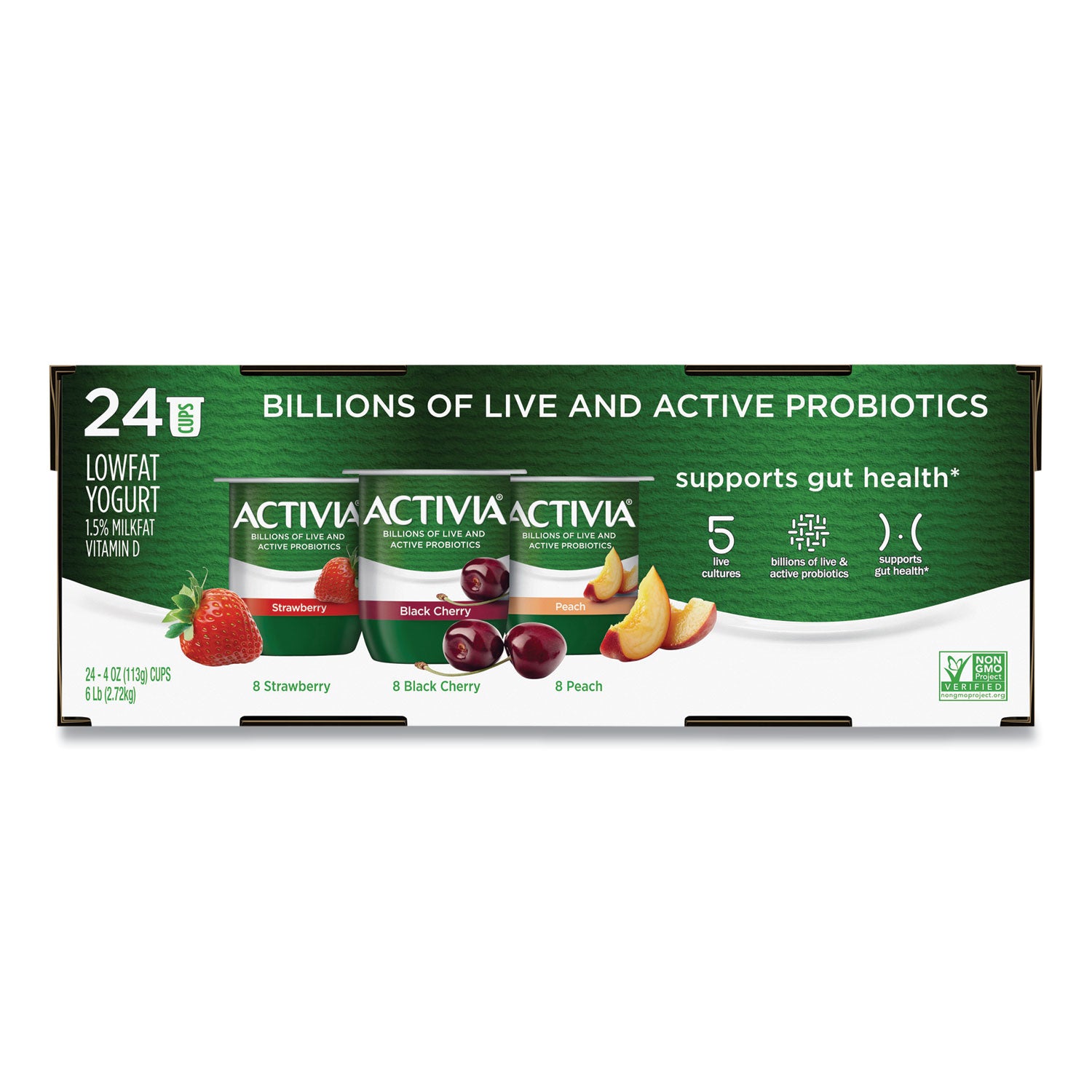 Probiotic Lowfat Yogurt, 4 oz Cups, Black Cherry/Peach/Strawberry, 24/Pack, Ships in 1-3 Business Days