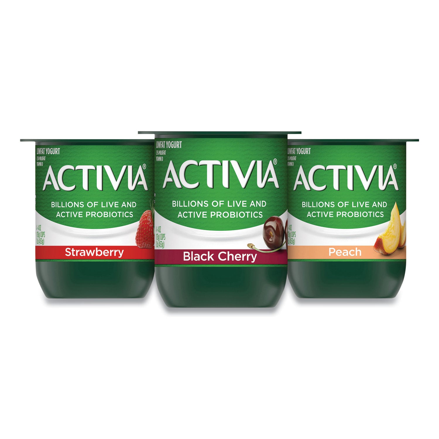 Probiotic Lowfat Yogurt, 4 oz Cups, Black Cherry/Peach/Strawberry, 24/Pack, Ships in 1-3 Business Days
