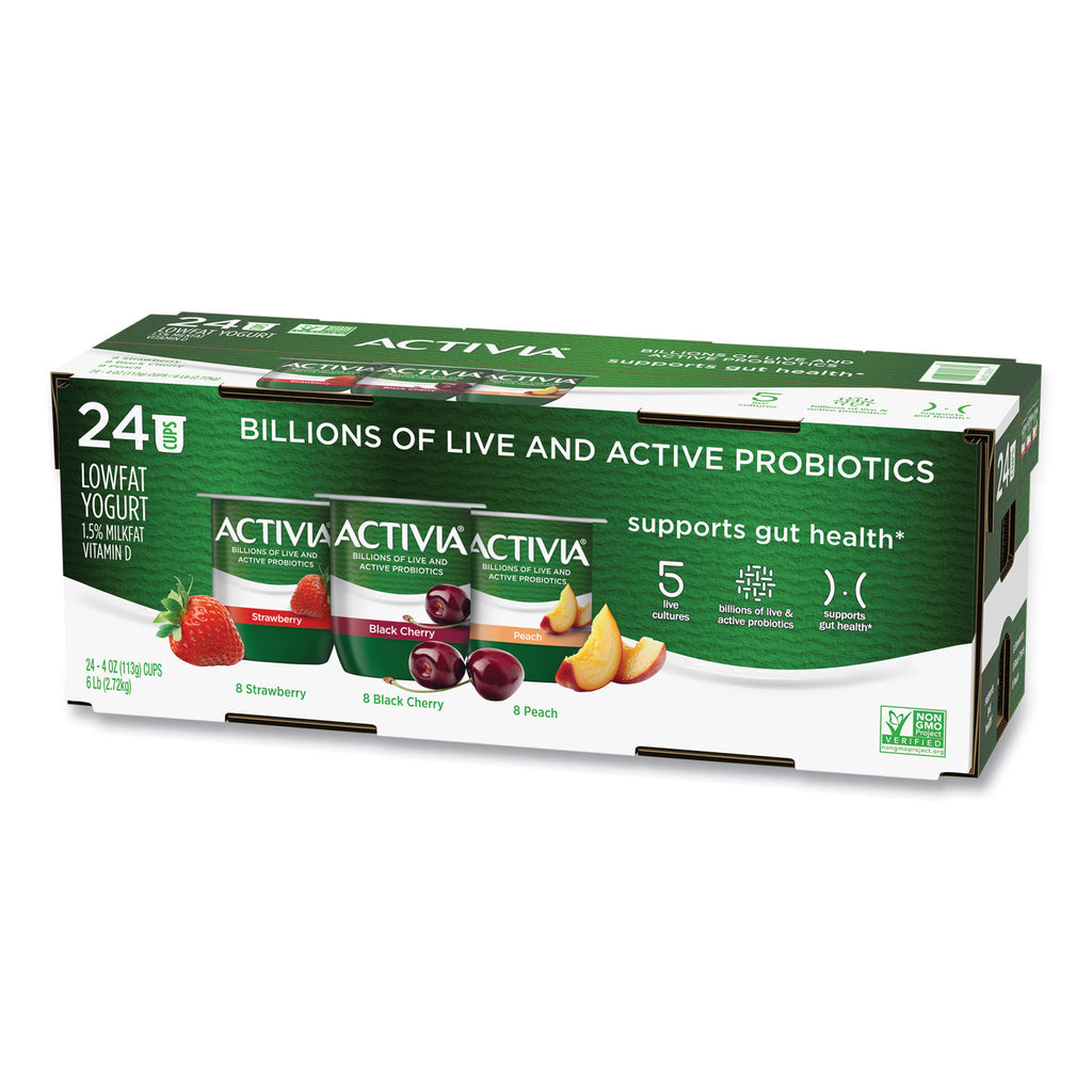 Probiotic Lowfat Yogurt, 4 oz Cups, Black Cherry/Peach/Strawberry, 24/Pack, Ships in 1-3 Business Days