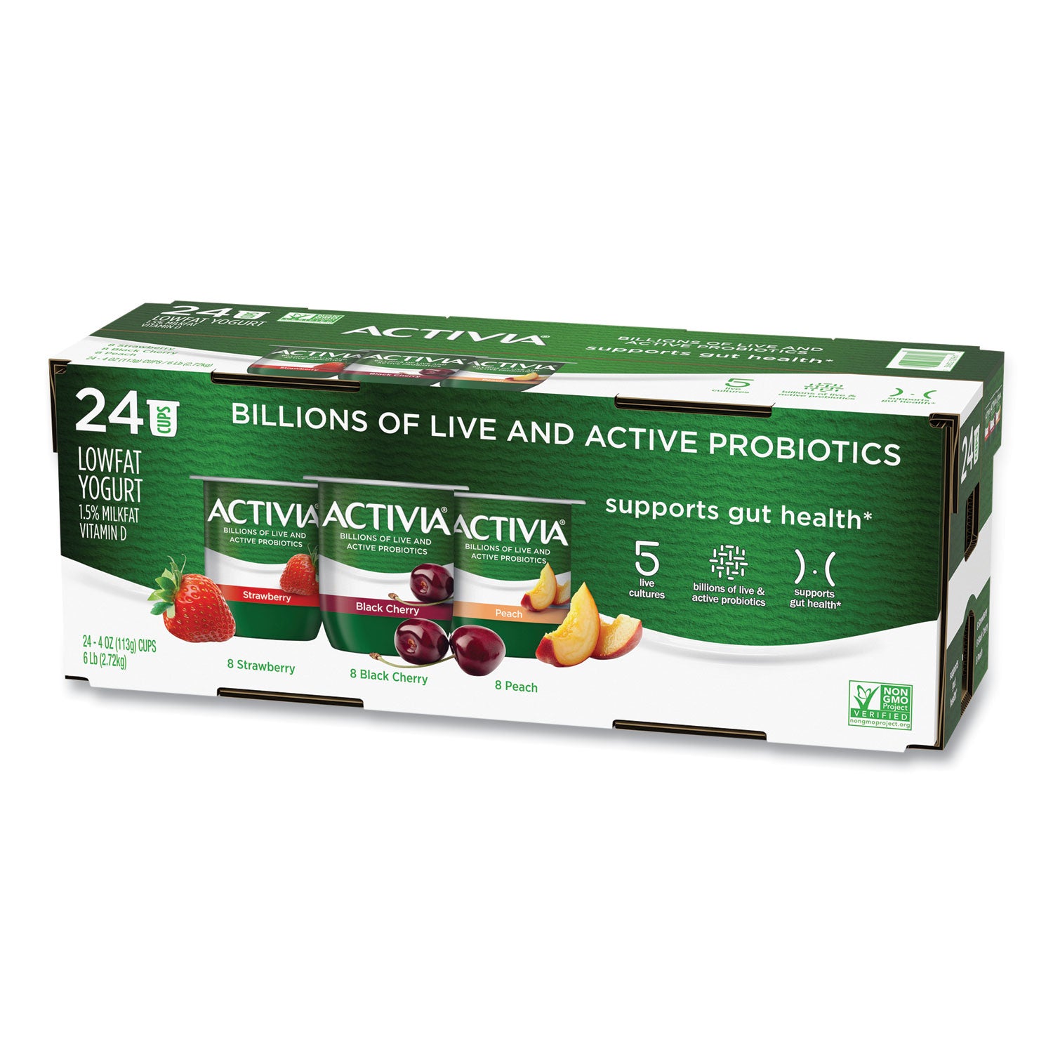 Probiotic Lowfat Yogurt, 4 oz Cups, Black Cherry/Peach/Strawberry, 24/Pack, Ships in 1-3 Business Days