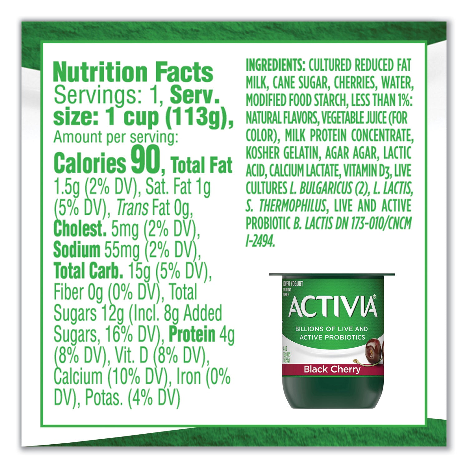 Probiotic Lowfat Yogurt, 4 oz Cups, Black Cherry/Peach/Strawberry, 24/Pack, Ships in 1-3 Business Days