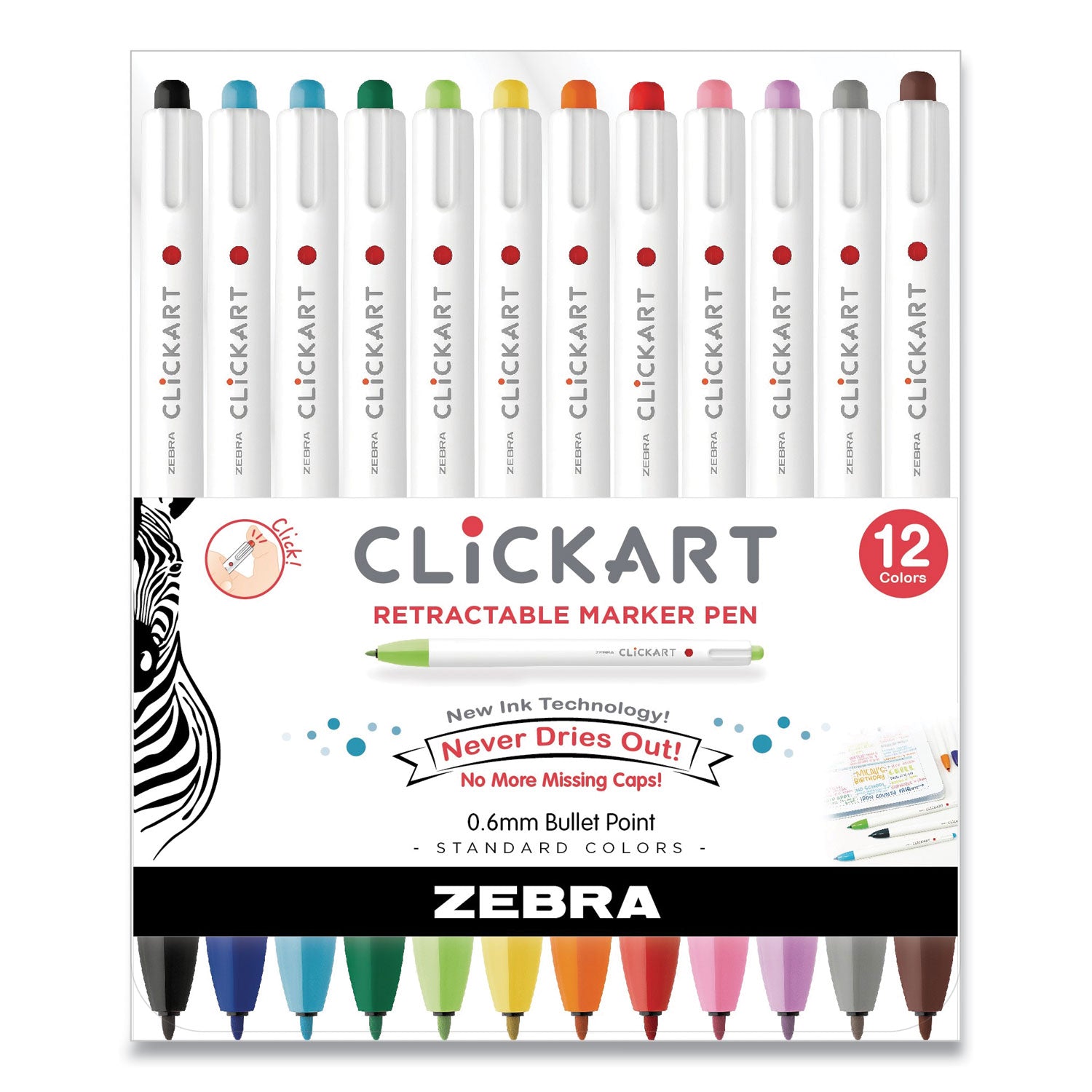 clickart-porous-point-pen-retractable-fine-06-mm-assorted-ink-and-barrel-colors-12-pack_zeb69012 - 1