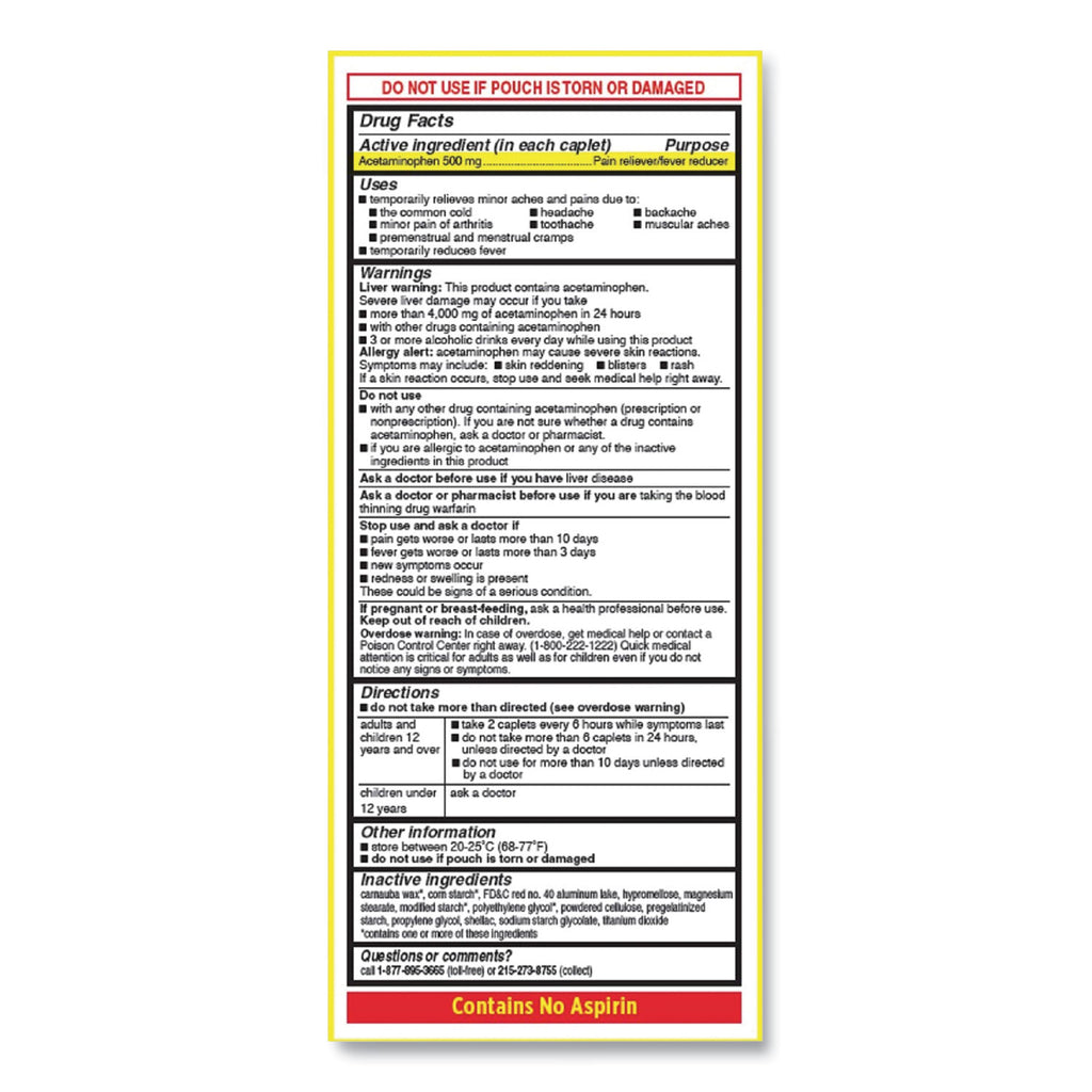 Acetaminophen, 500mg, Extra Strength Caplets, Refill, 2 /Packet, 30 Packets/Box