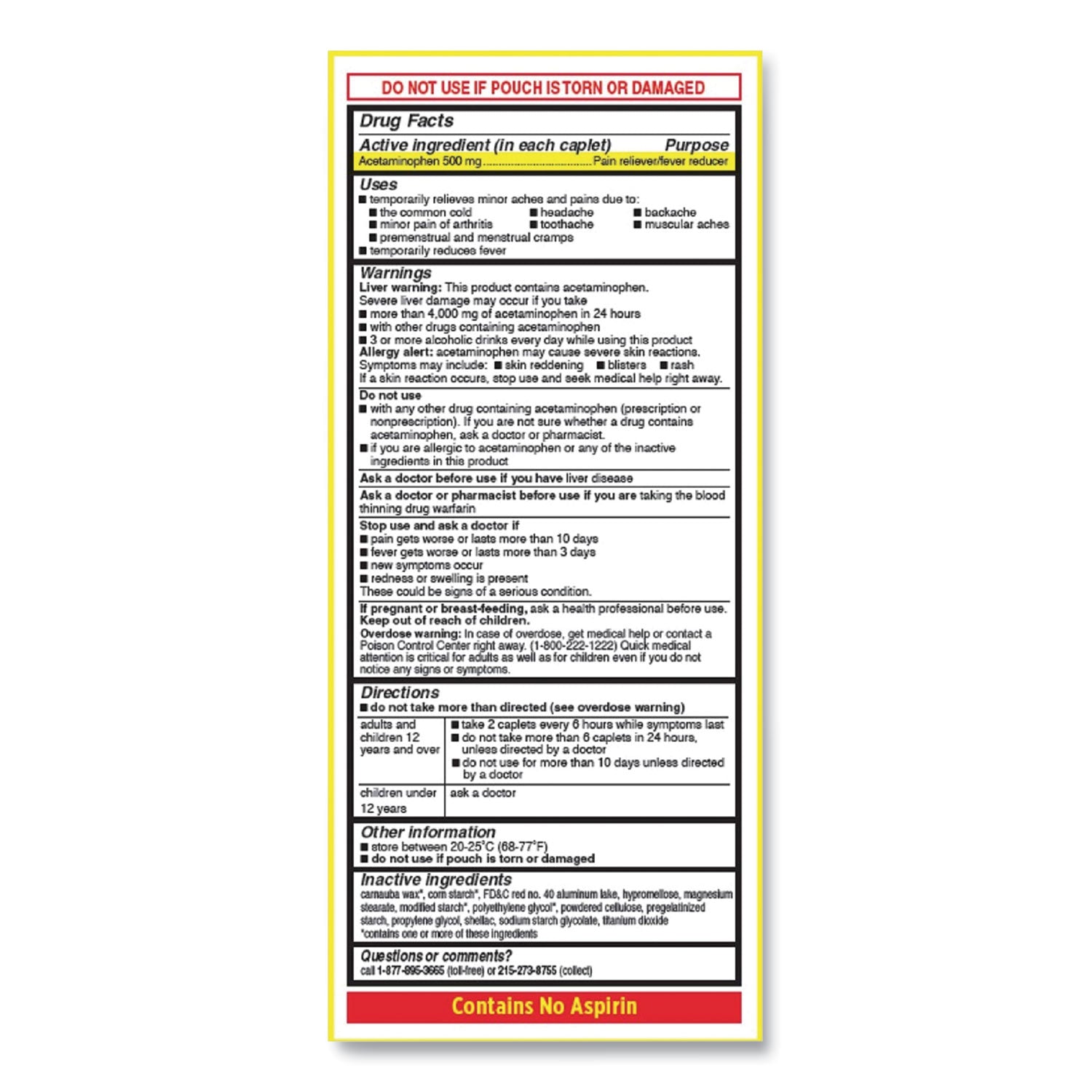 Acetaminophen, 500mg, Extra Strength Caplets, Refill, 2 /Packet, 30 Packets/Box