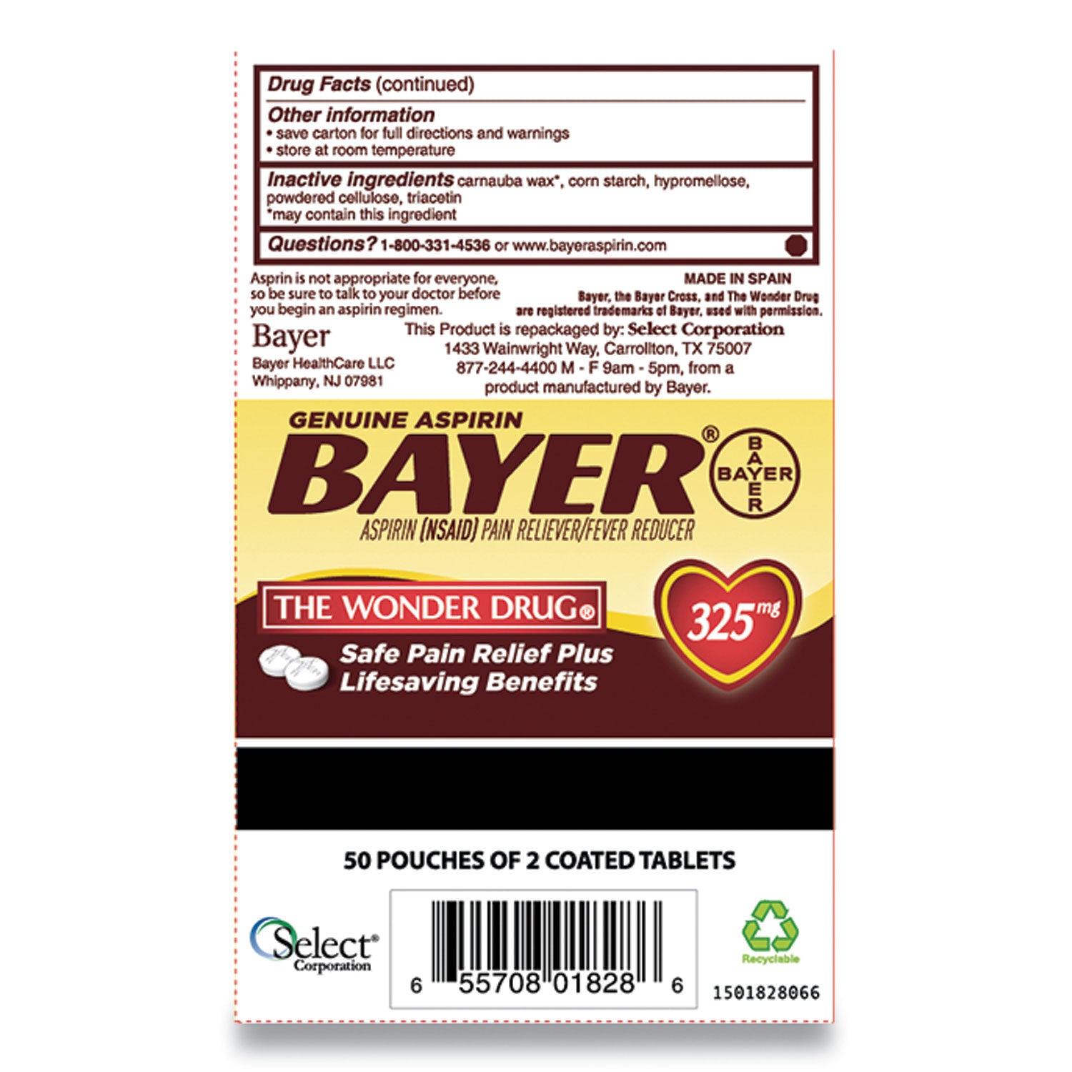 Aspirin Tablets, Two-Pack, 50 Packs/Box