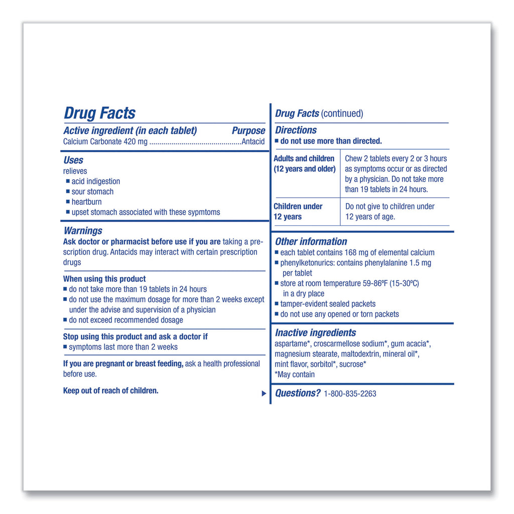 Over the Counter Antacid Medications for First Aid Cabinet, 2 Tablets/Packet, 125 Packets/Box