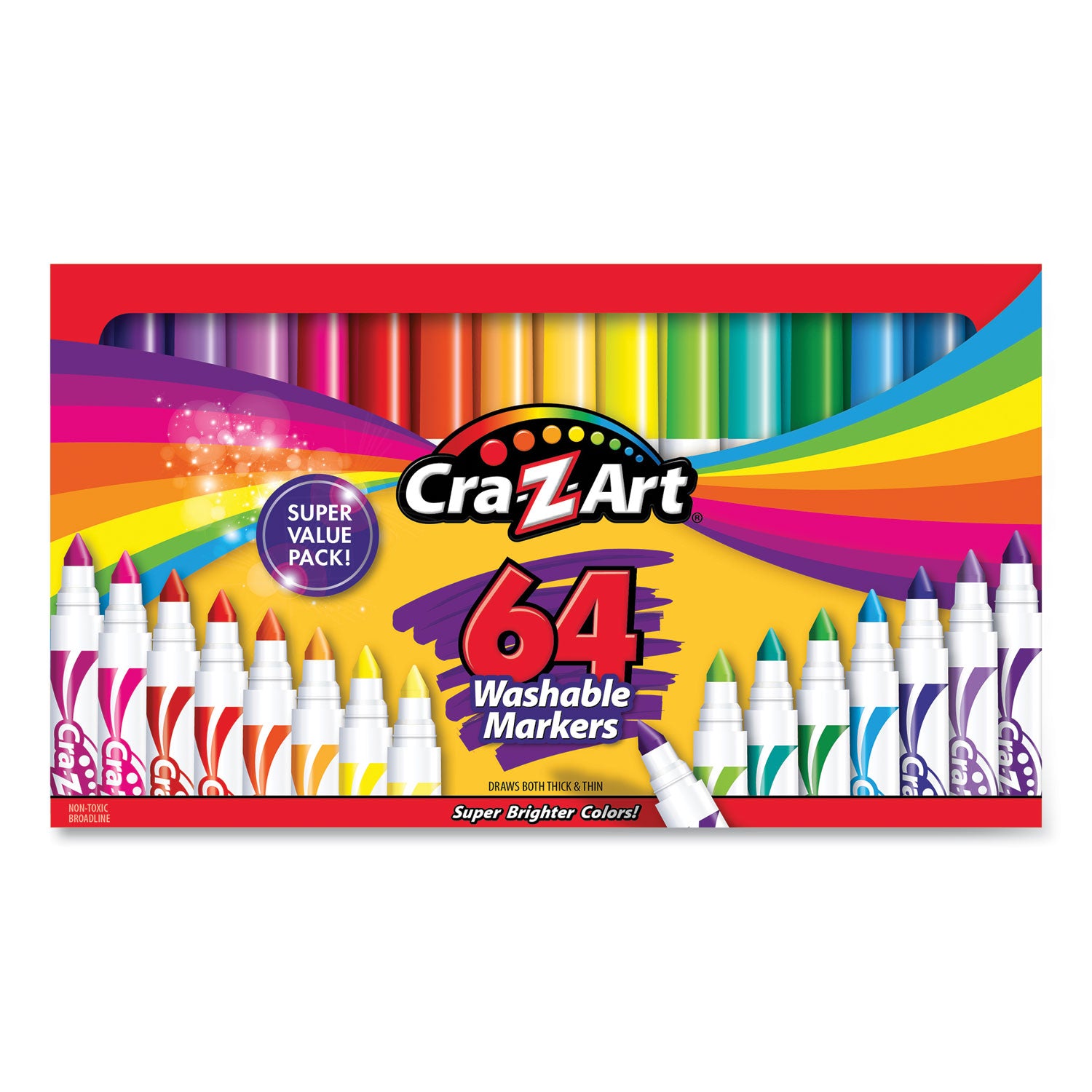 Washable Markers, Broad Bullet Tip, Assorted Colors, 64/Set