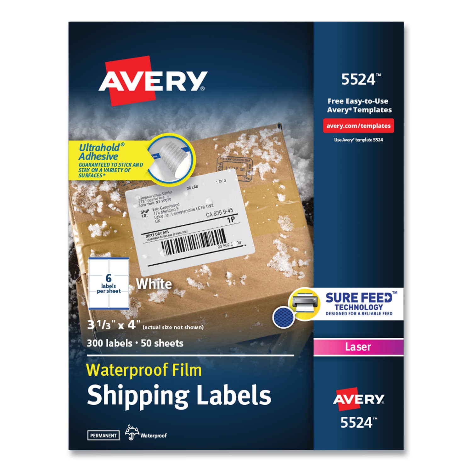 Waterproof Shipping Labels with TrueBlock and Sure Feed, Laser Printers, 3.33 x 4, White, 6/Sheet, 50 Sheets/Pack - 