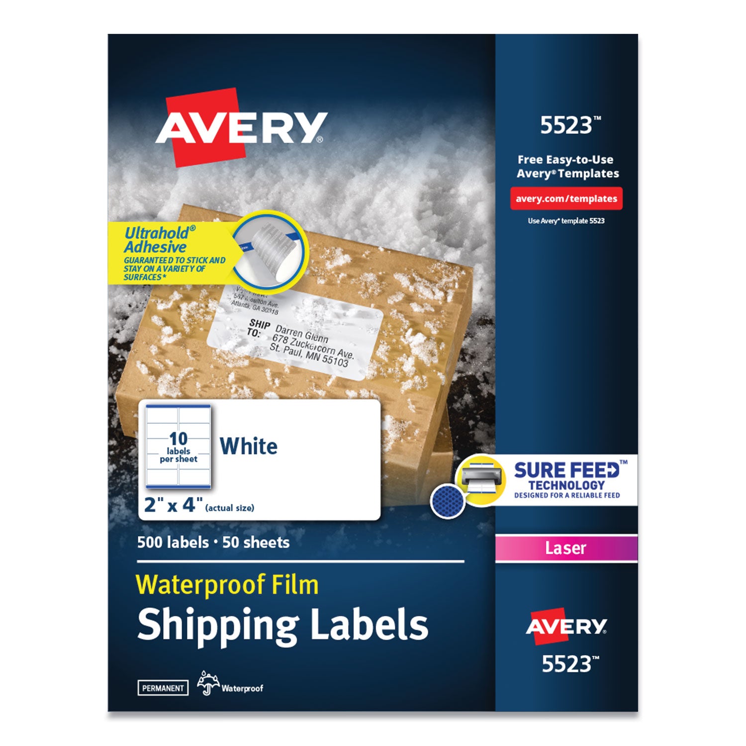 Waterproof Shipping Labels with TrueBlock and Sure Feed, Laser Printers, 2 x 4, White, 10/Sheet, 50 Sheets/Pack - 