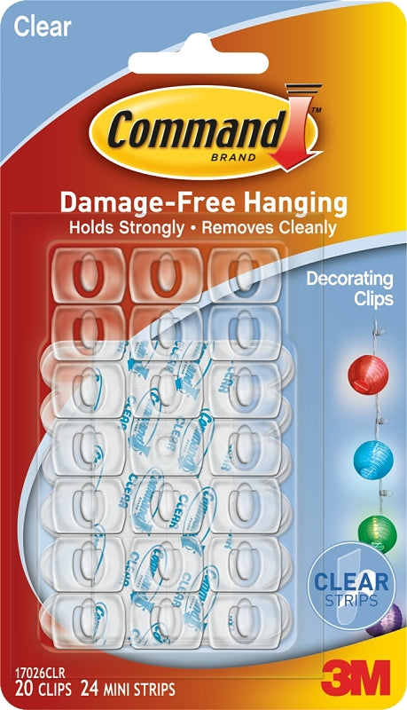 Clear Hooks and Strips, Decorating Clips, Plastic, 0.1 lb Capacity, 20 Clips and 24 Strips/Pack