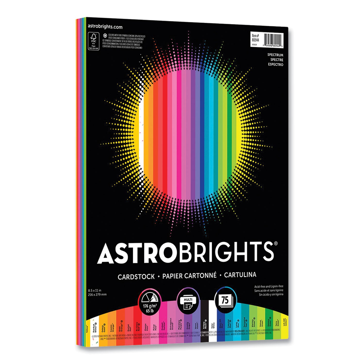 Color Cardstock, 65 lb, 8.5 x 11, Assorted Spectrum Colors, 75/Pack