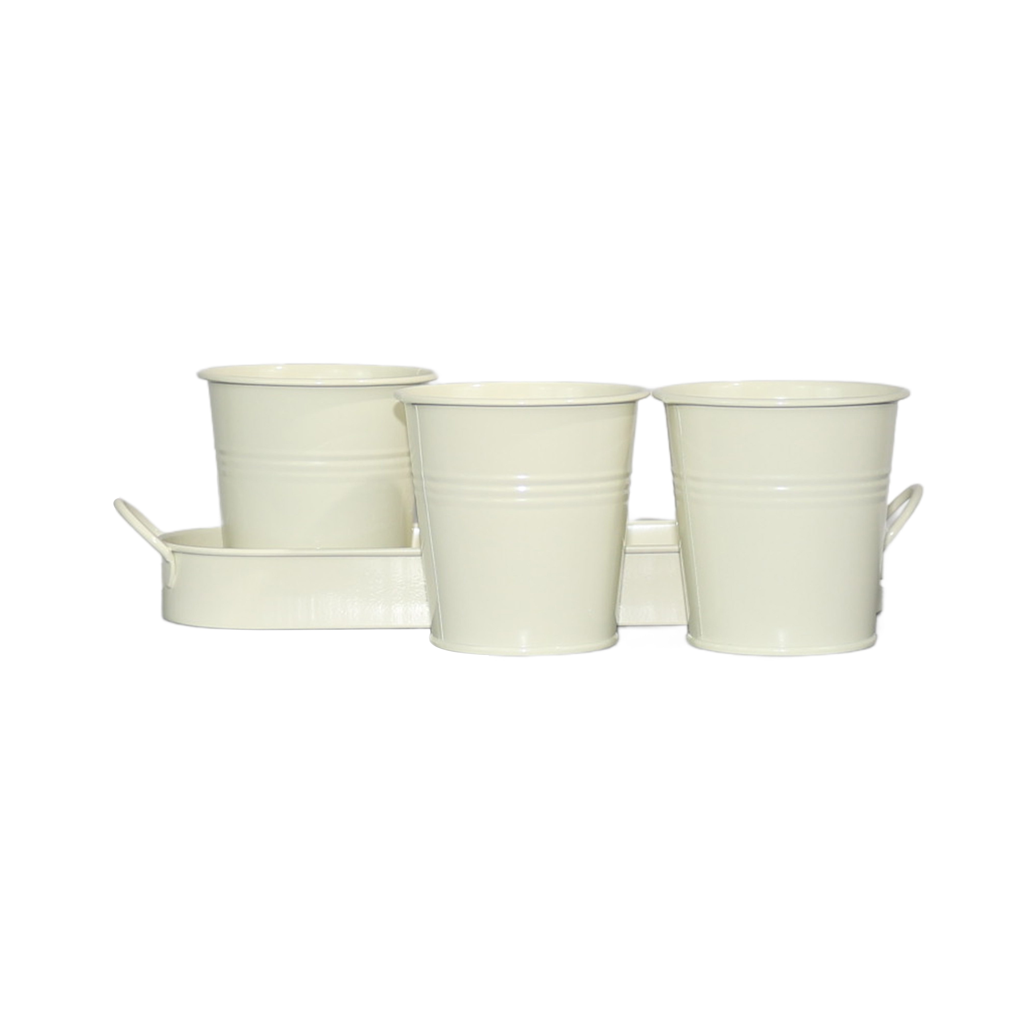 Set of 3 Beige Metal Garden Planters with Tray