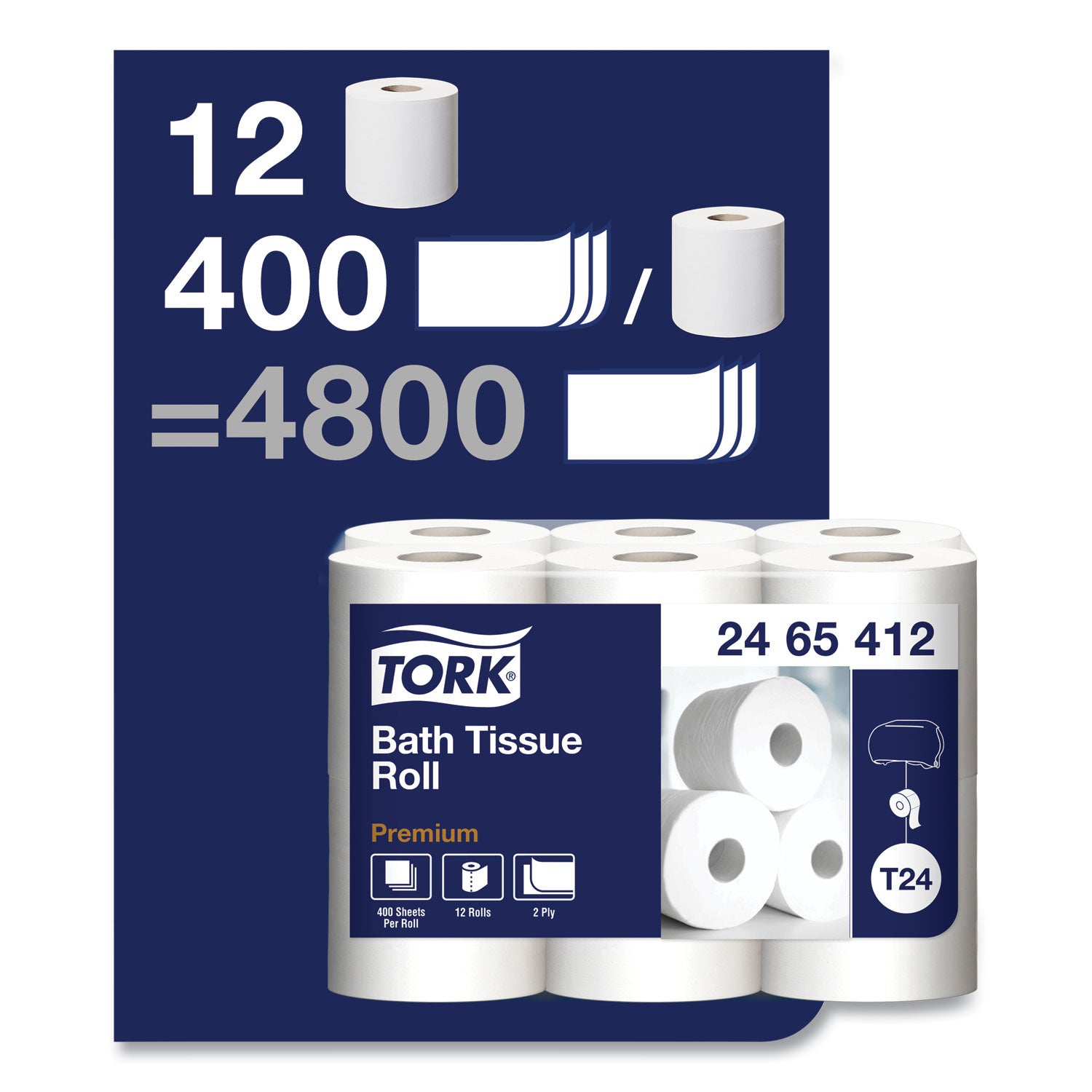 Premium Poly-Pack Bath Tissue, Septic Safe, 2-Ply, White, 400 Sheets/Roll, 12 Rolls/Pack, 4 Packs/Carton