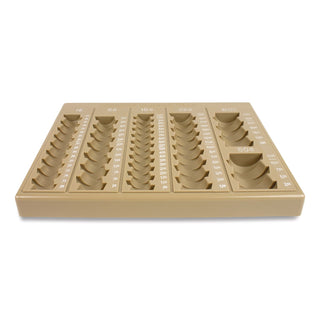 Plastic Coin Tray, 6 Compartments, Stackable, 7.75 x 10 x 1.5, Tan