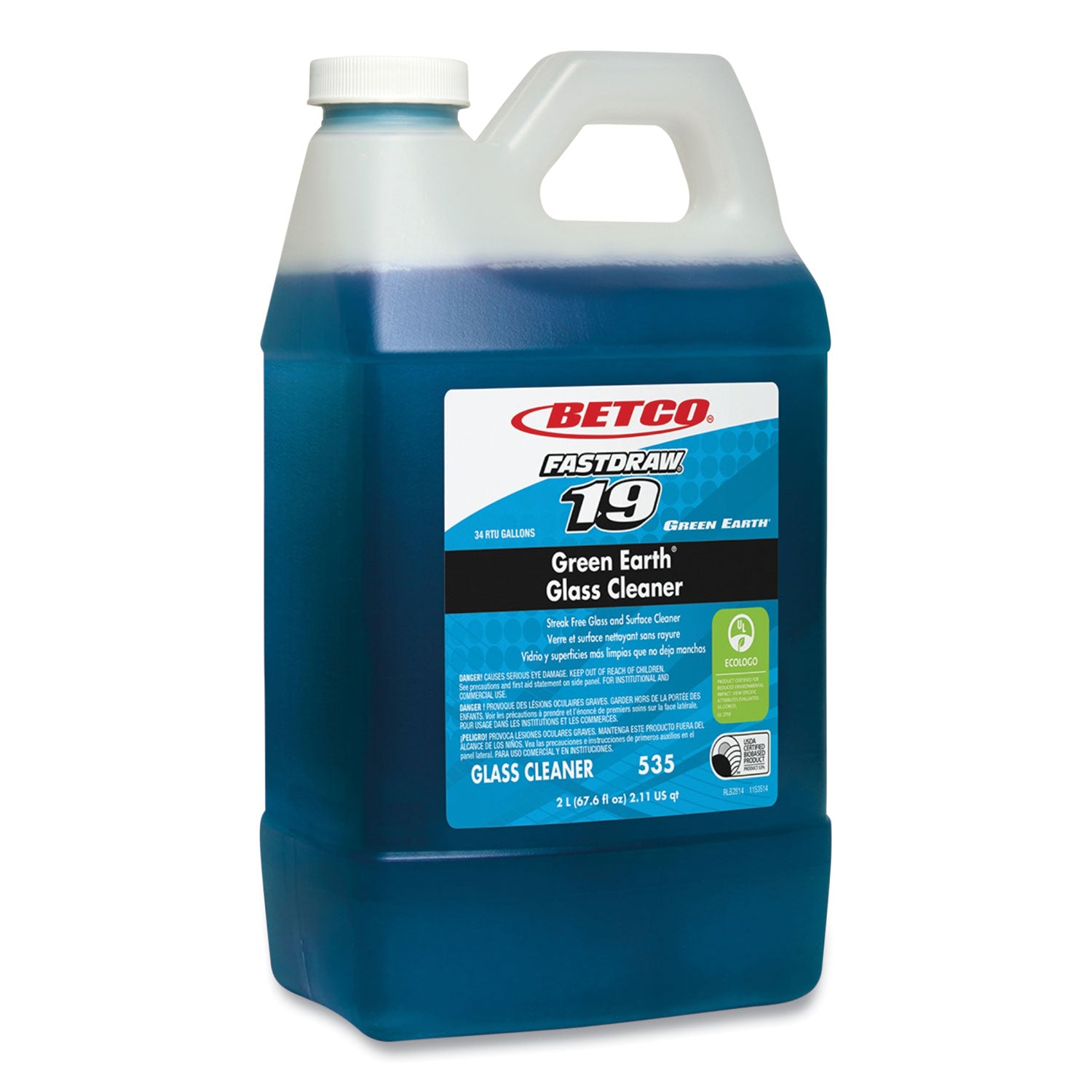 Fastdraw 19 Green Earth Glass Cleaner, Pleasant Scent, 2 L Bottle, 4/Carton
