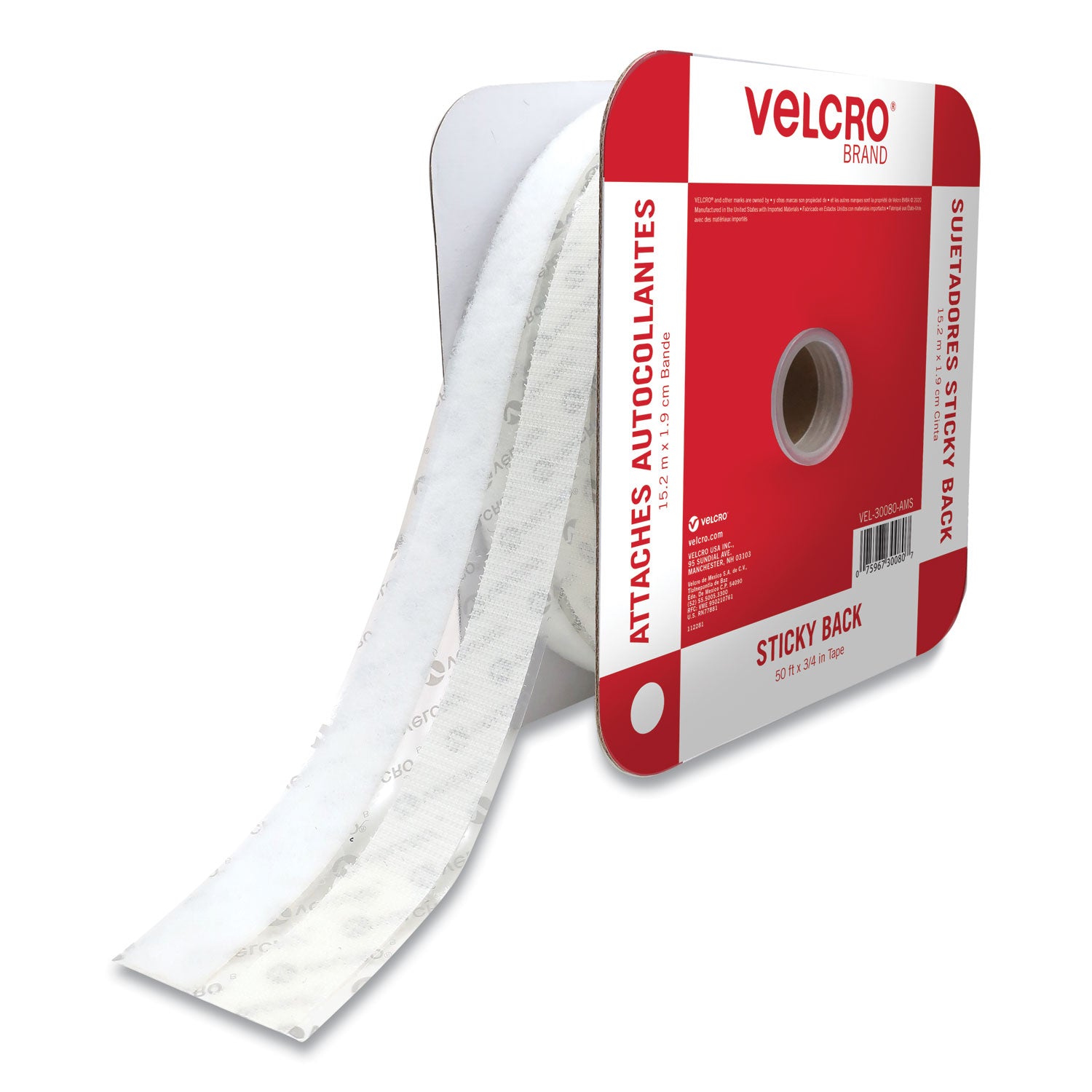 VELCRO Sticky Back Fasteners - 16.67 yd Length x 0.75" Width - 1 / Roll - White - 1
