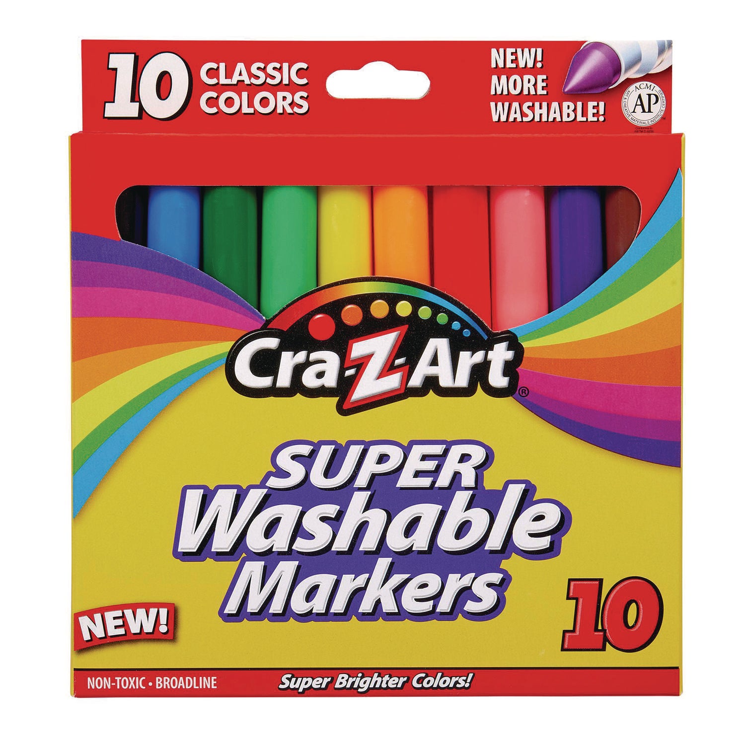 Super Washable Markers, Broad Bullet Tip, Assorted Colors, 10/Set - 1