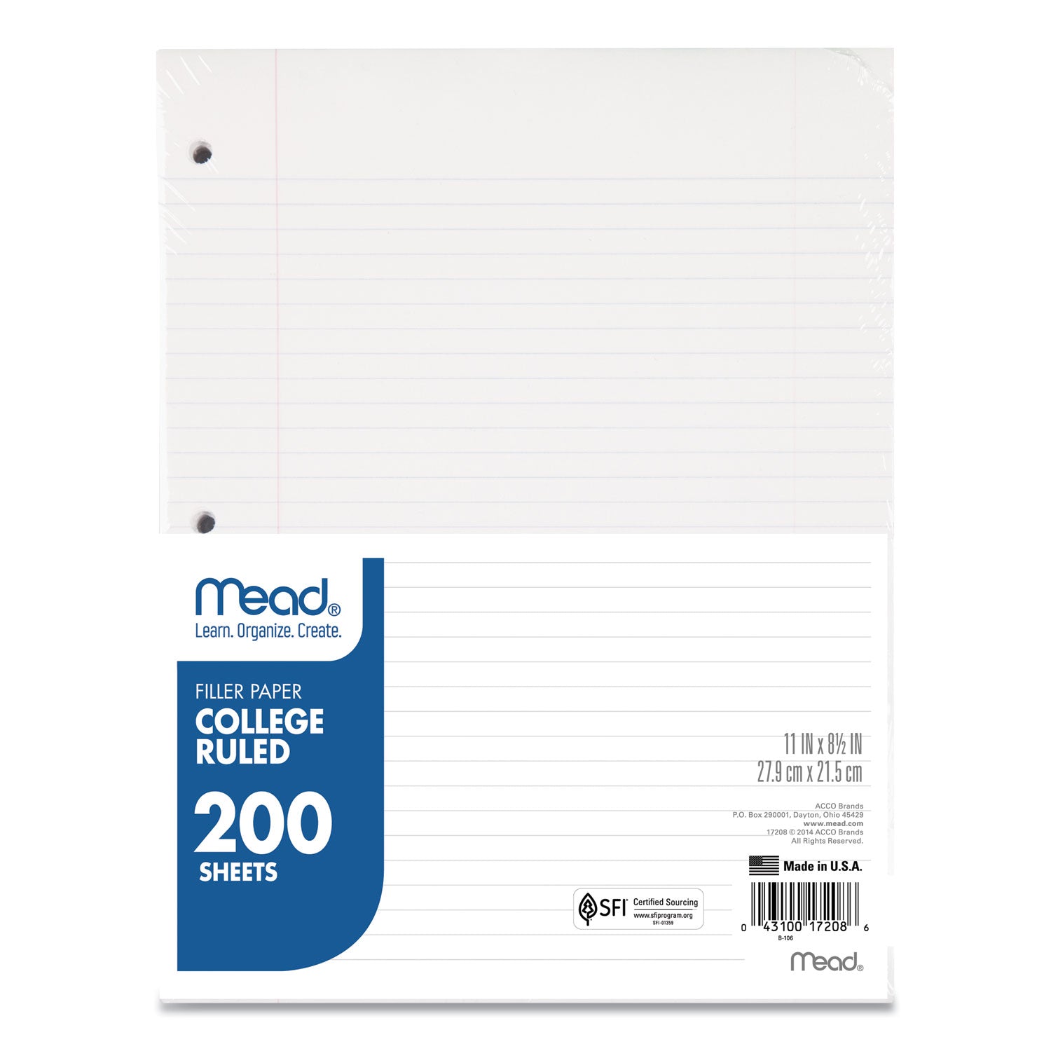 Filler Paper, 3-Hole, 8.5 x 11, College Rule, 200/Pack - 