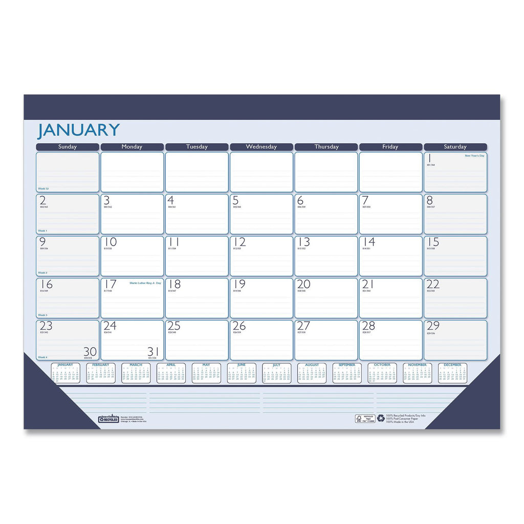 Recycled Contempo Desk Pad Calendar, 22 x 17, White/Blue Sheets, Blue Binding, Blue Corners, 12-Month (Jan to Dec): 2024