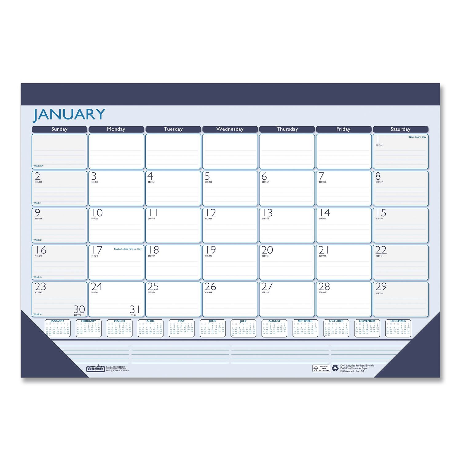 Recycled Contempo Desk Pad Calendar, 22 x 17, White/Blue Sheets, Blue Binding, Blue Corners, 12-Month (Jan to Dec): 2024